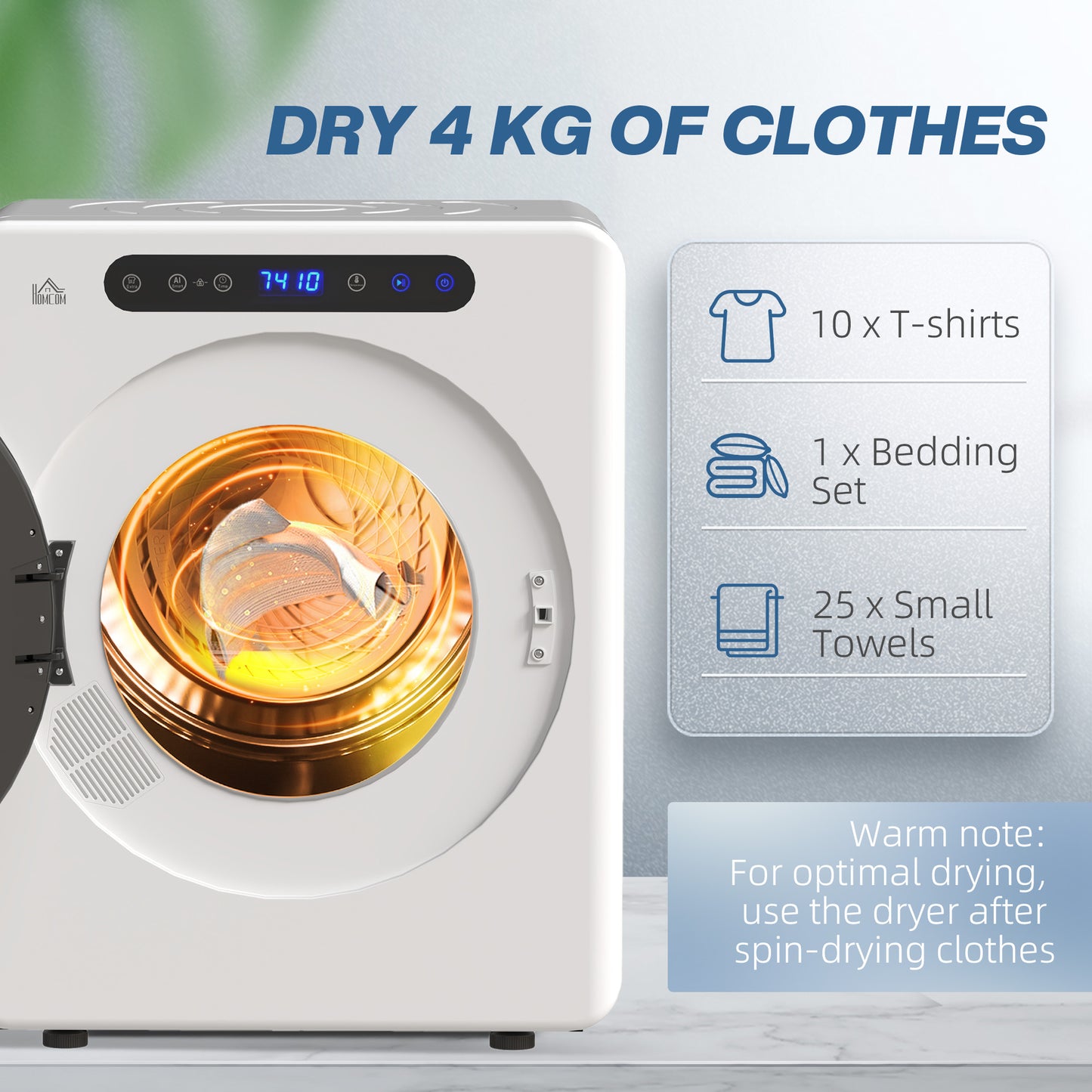 HOMCOM 4kg Compact Tumble Dryer 1000W With Adjustable 40 to 60 Celsius Drying Temperature White