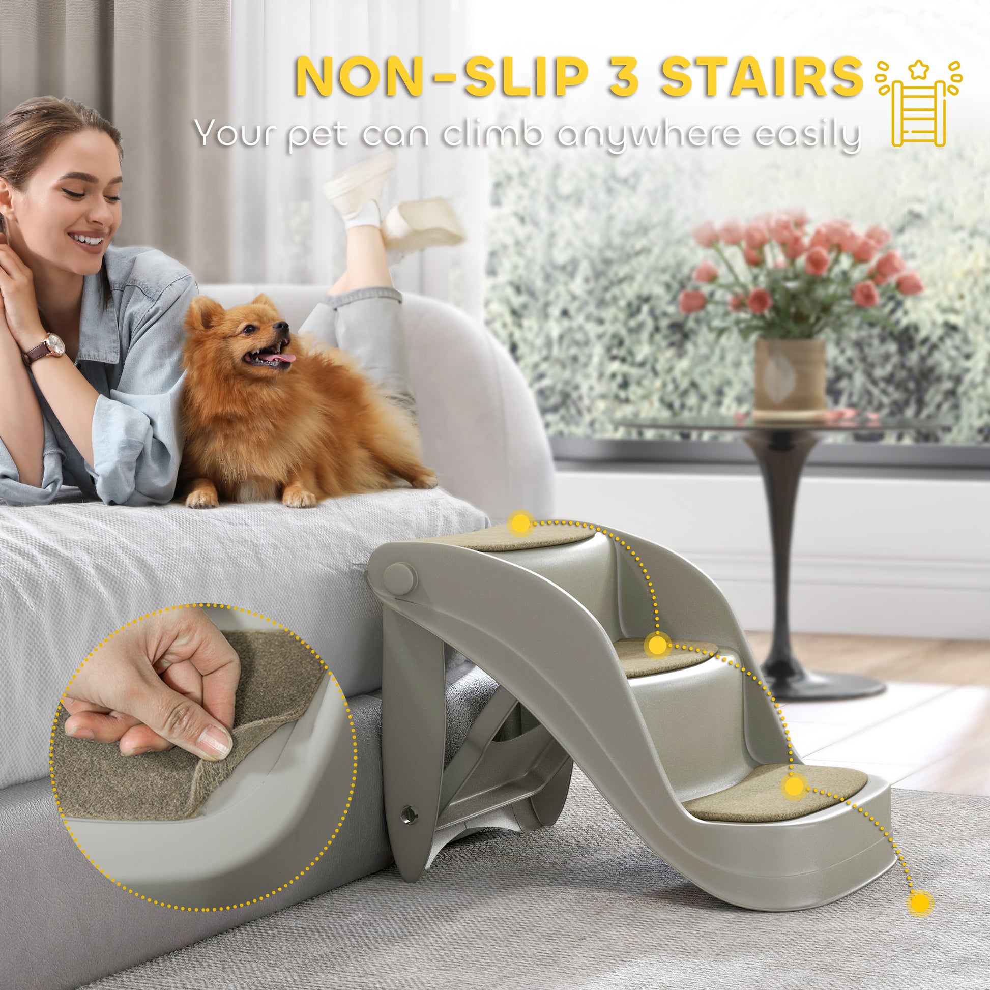 PawHut 3-Step Foldable Pet Stairs with Non-Slip Surface for Small Dogs - Grey - ALL4U RETAILER LTD