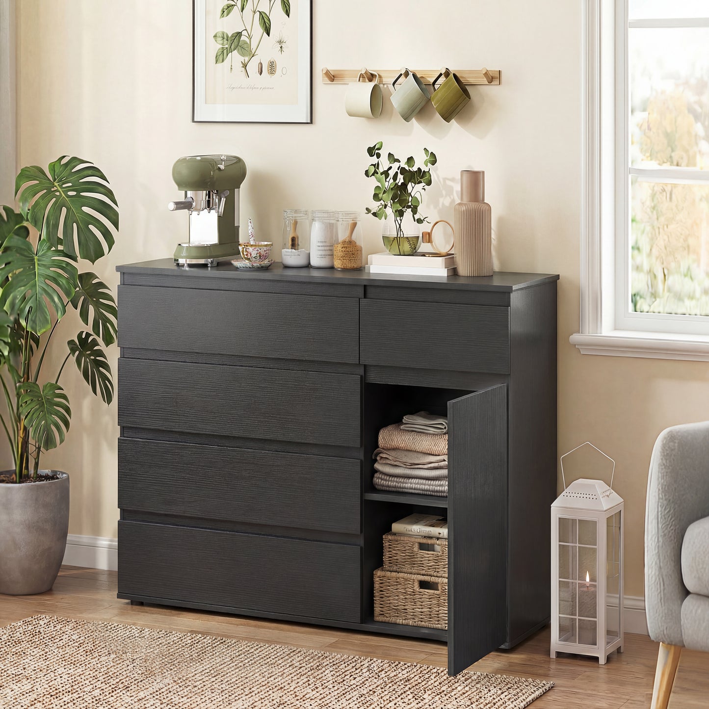 HOMCOM Modern Sideboard With 5 Drawers And Adjustable Shelf Soft Close Door Black Finish