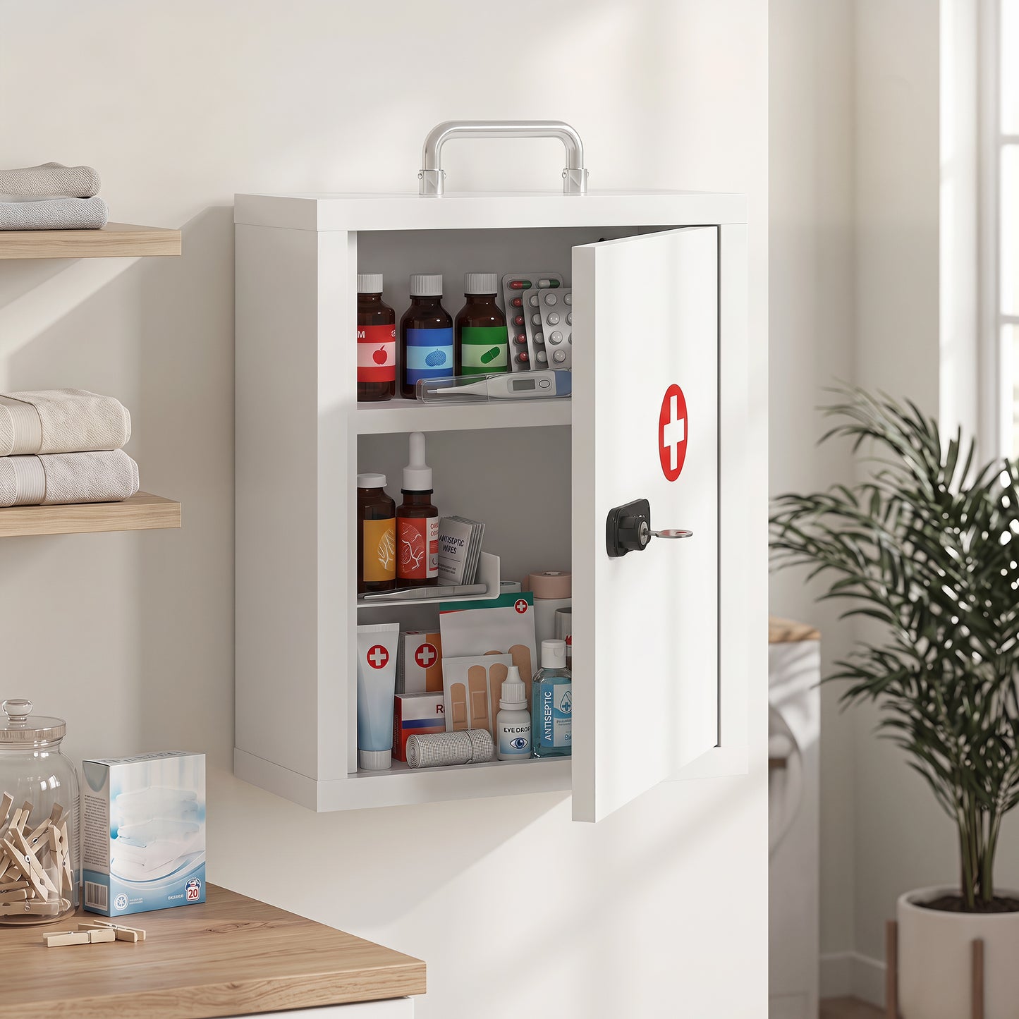 HOMCOM Wall Mount Medicine Cabinet With Combination Lock And Key Lock 3 Tier Steel First Aid Cabinet White