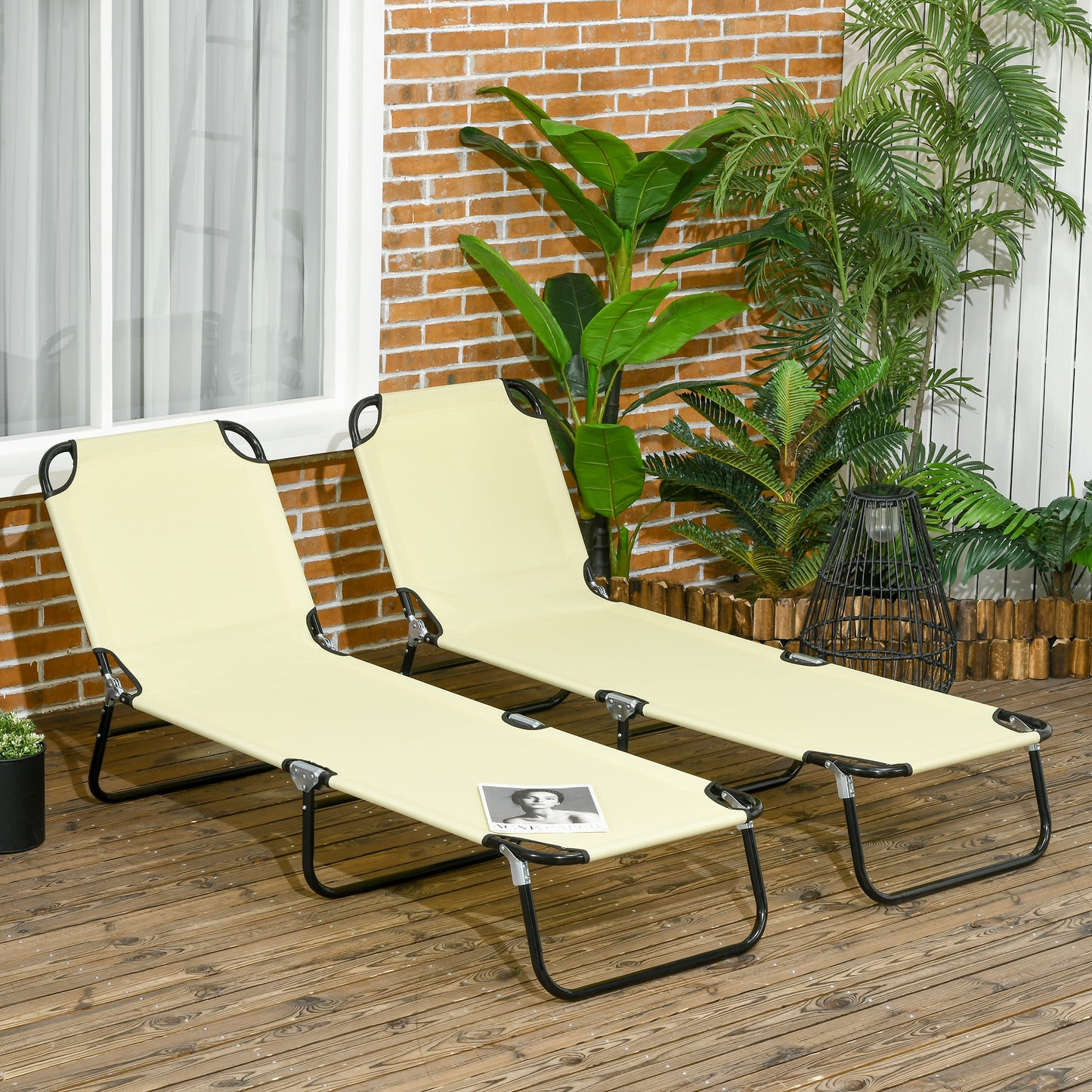 Outsunny Set of Two Metal Frame Folding Sun Loungers Beige With Five Position Reclining Backrest