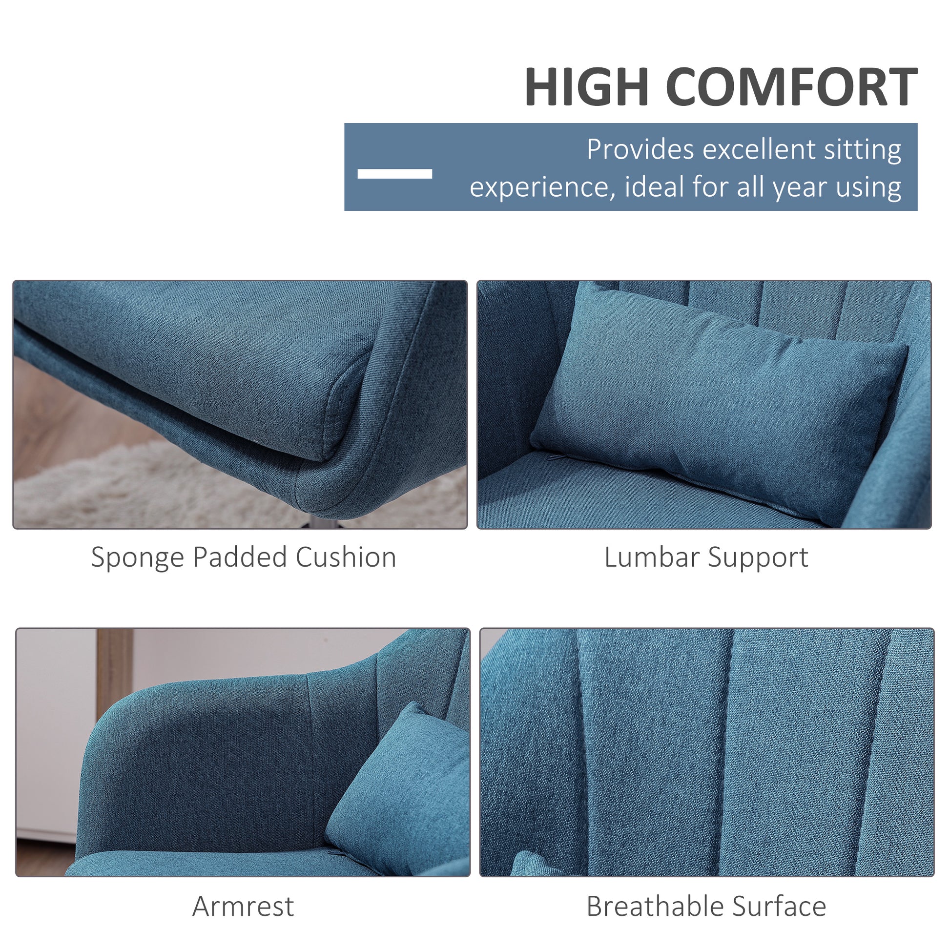 HOMCOM Swivel Accent Chair Contemporary Vanity Armchair Adjustable Height Thick Cushion Lumbar Support Armrest Bedroom Office - ALL4U RETAILER LTD