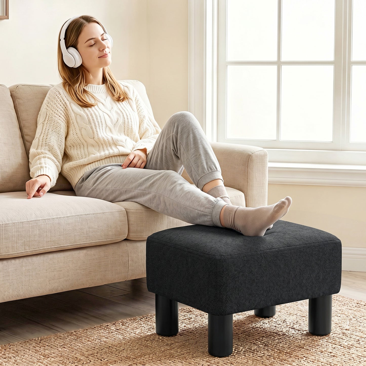 HOMCOM Linen Fabric Footstool Ottoman Cube With Four Plastic Legs Black Padded Seat