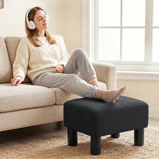 HOMCOM Linen Fabric Footstool Ottoman Cube With Four Plastic Legs Black Padded Seat