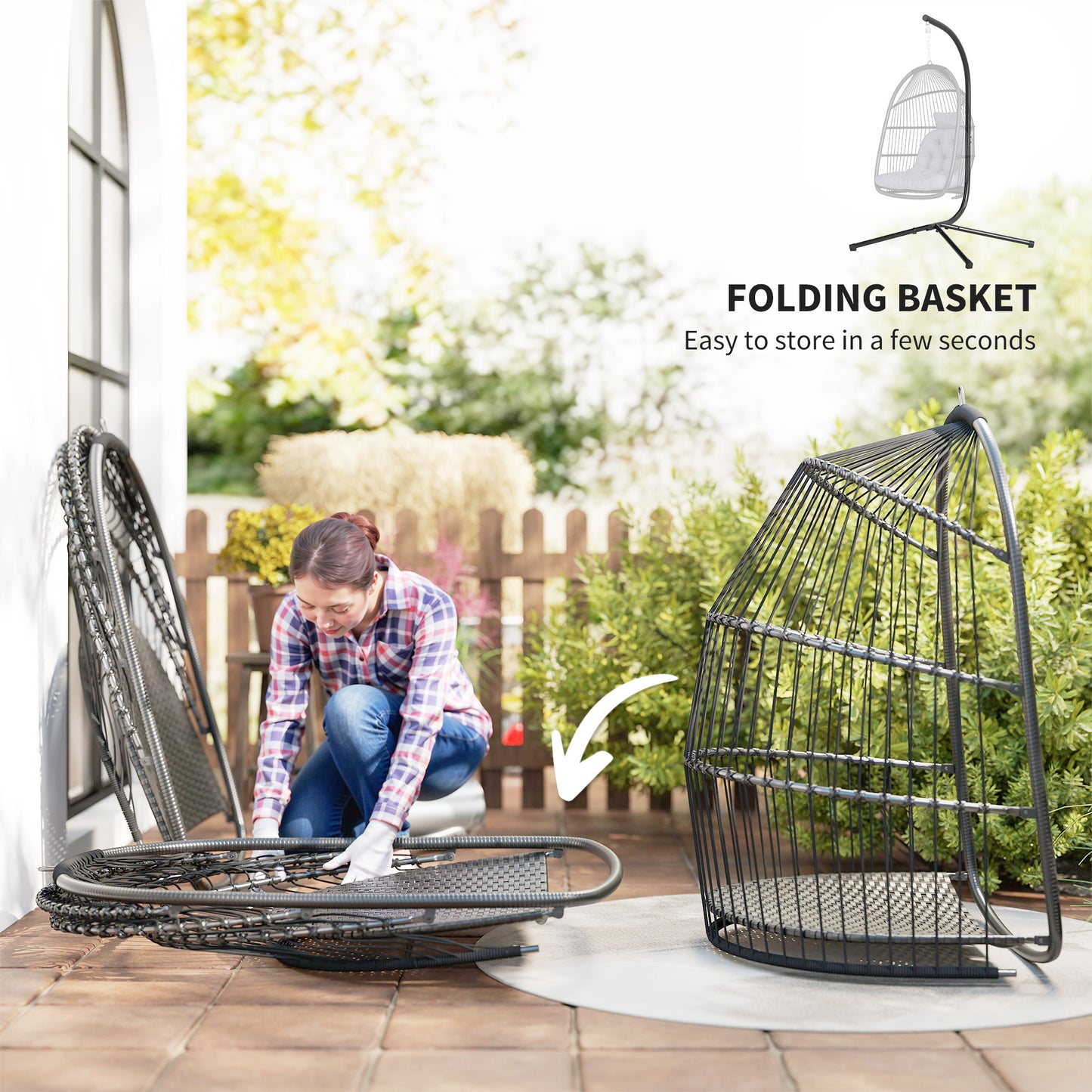 Outsunny Rattan Hanging Egg Chair With Stand Outdoor Indoor Foldable Wicker Swing With Cushion Capacity 150 Kg Dark Grey