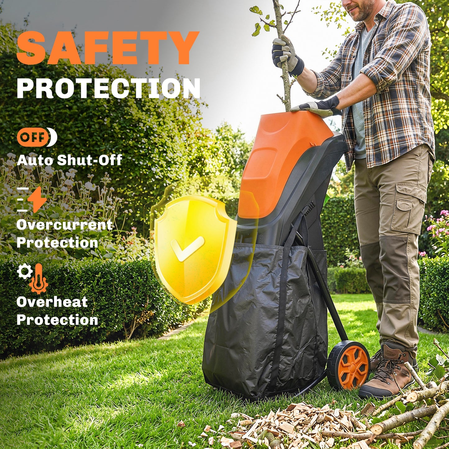 Outsunny 2500W Electric Wood Chipper Corded Mulcher Shredder With 45L Collection Bag 4300RPM 44mm Cutting Diameter