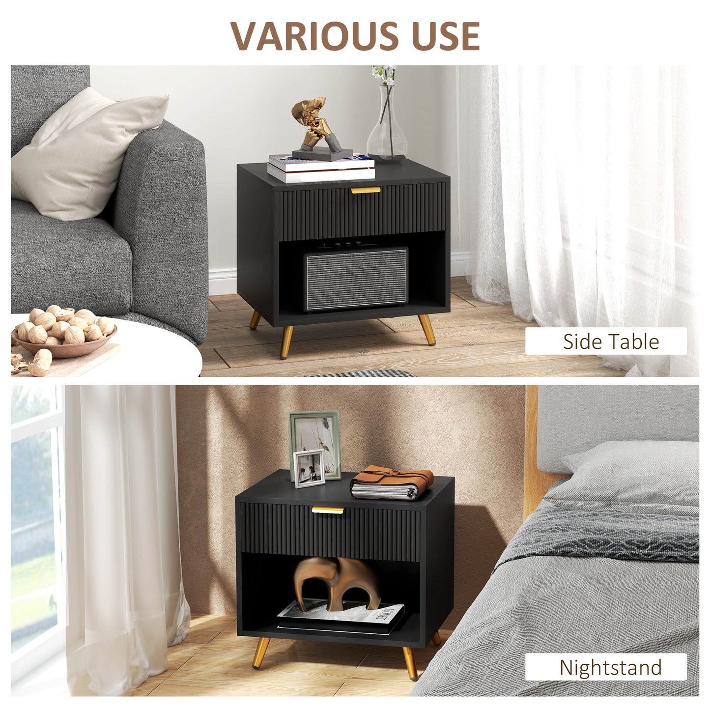 HOMCOM Elegant Bedside Table Set of 2 With Drawer and Shelf Black Gold Tone Finish