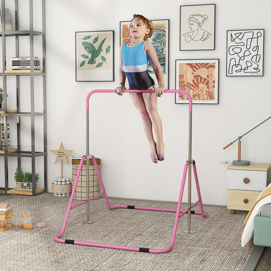 HOMCOM Adjustable Pink Kids Gymnastics Bar - Foldable and Safe for Young Athletes - ALL4U RETAILER LTD