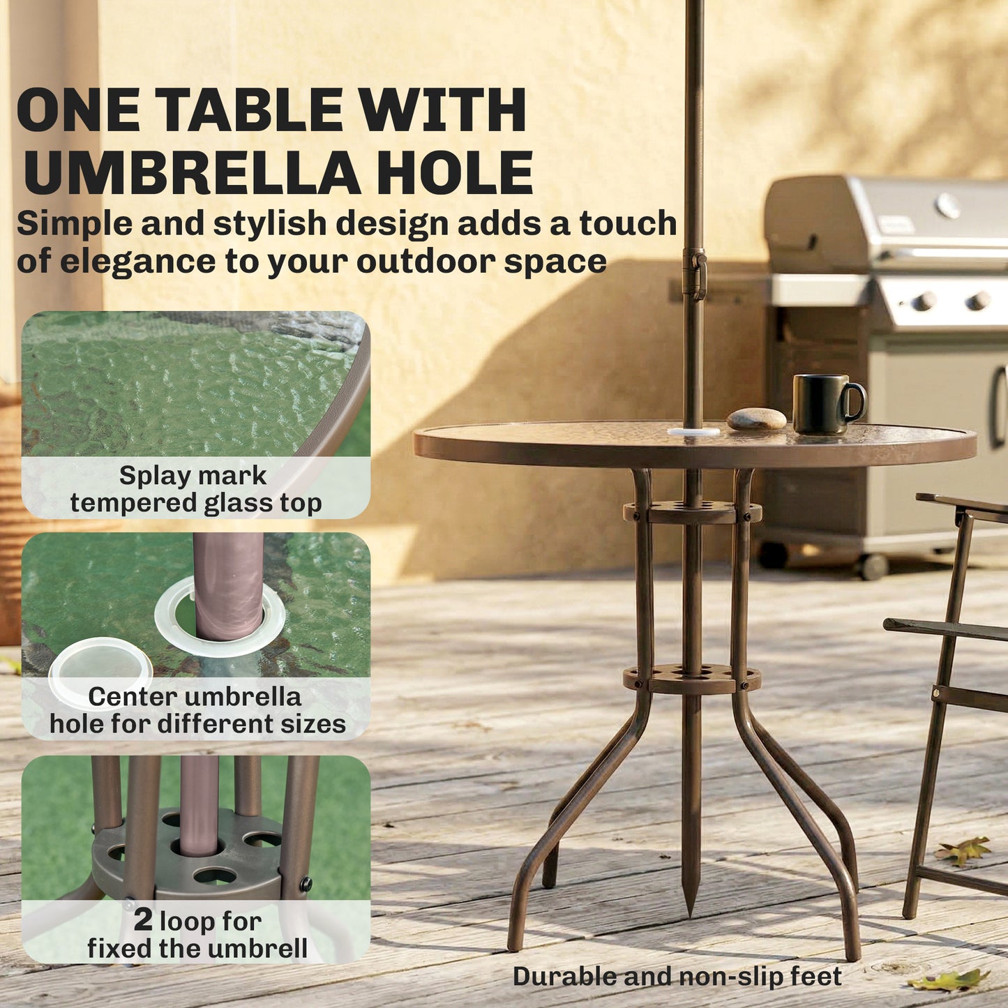 Outsunny 6 Piece Garden Dining Set With Umbrella Parasol Round Glass Table And 4 Folding Chairs In Dark Grey