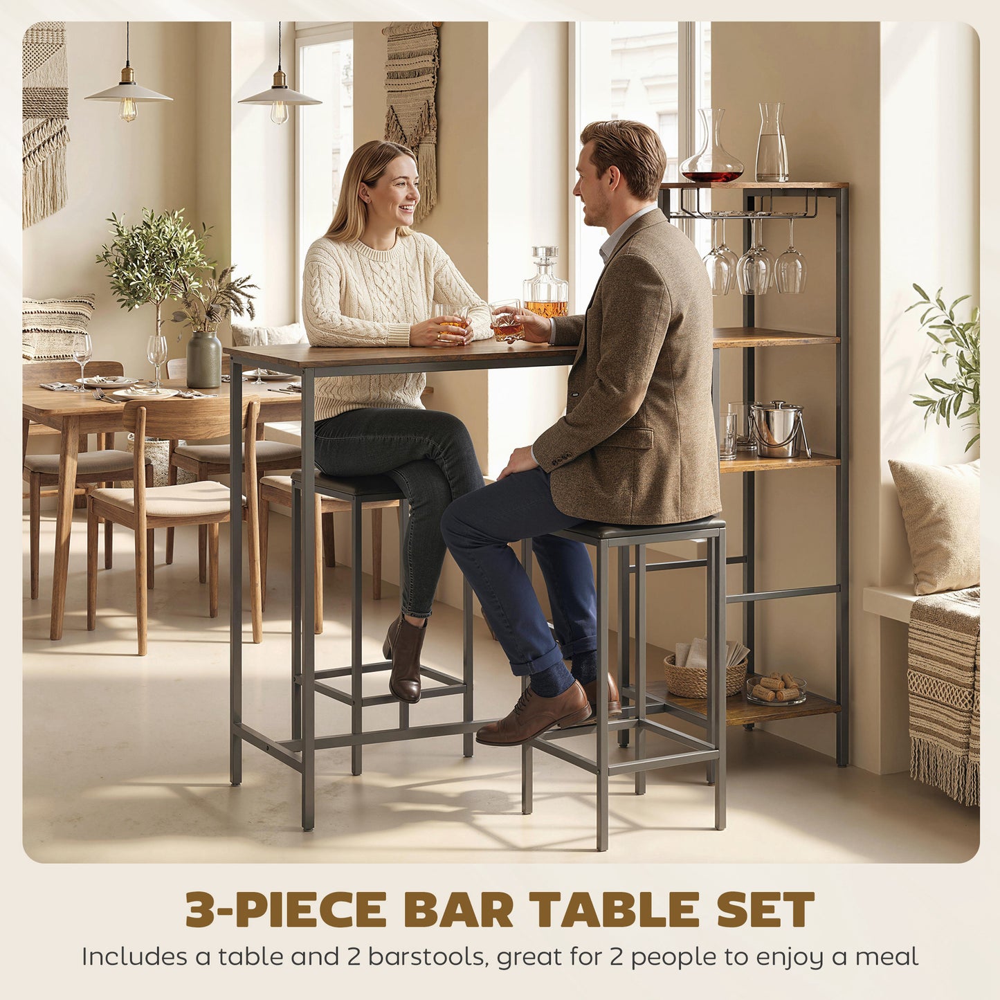HOMCOM 3 Piece Breakfast Bar Table And Stools Set In Rustic Brown With 4 Tier Shelving And Wine Glass Racks