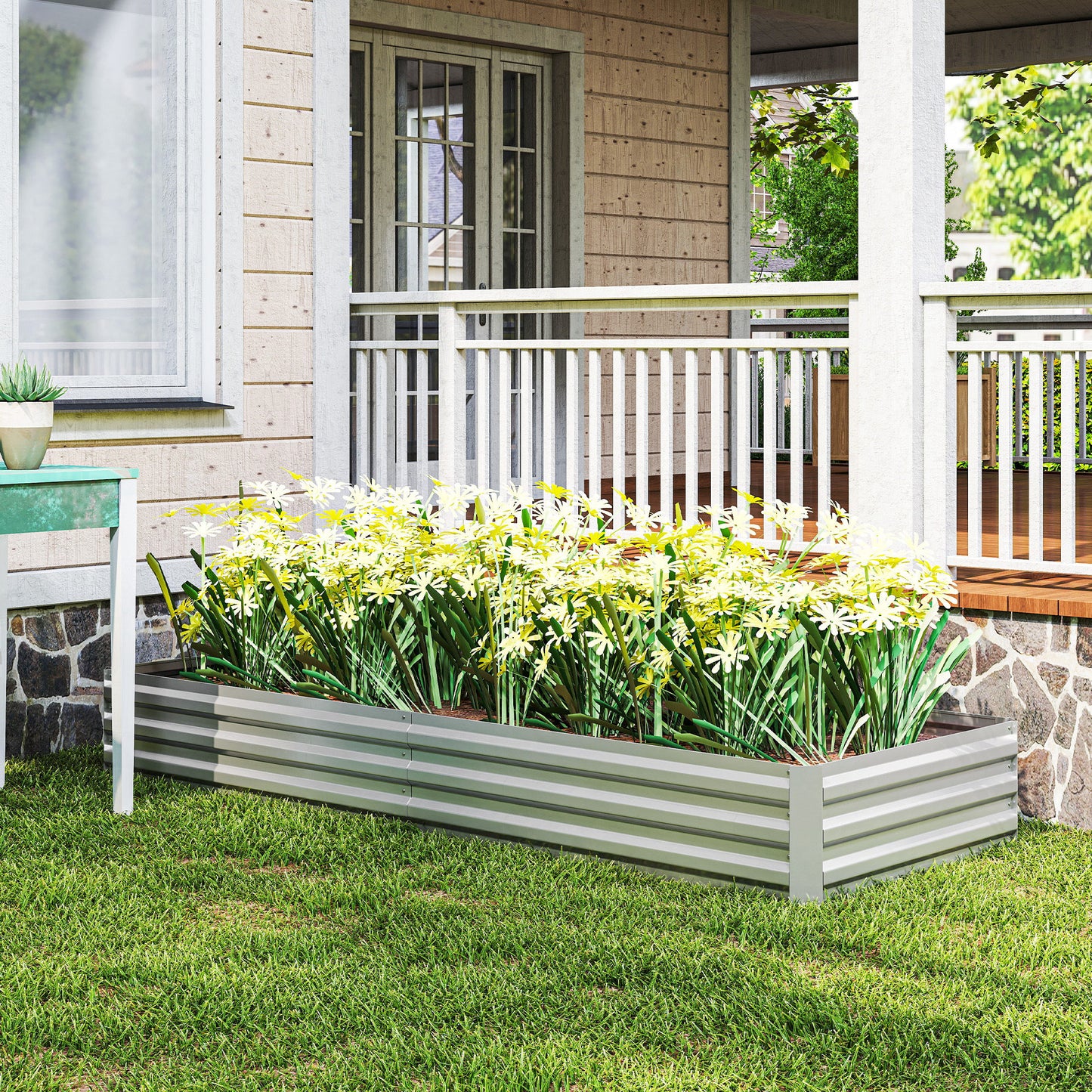 Outsunny Metal Raised Garden Bed Planter Box Outdoor Steel Planter For Flowers Herbs Vegetables Green Silver