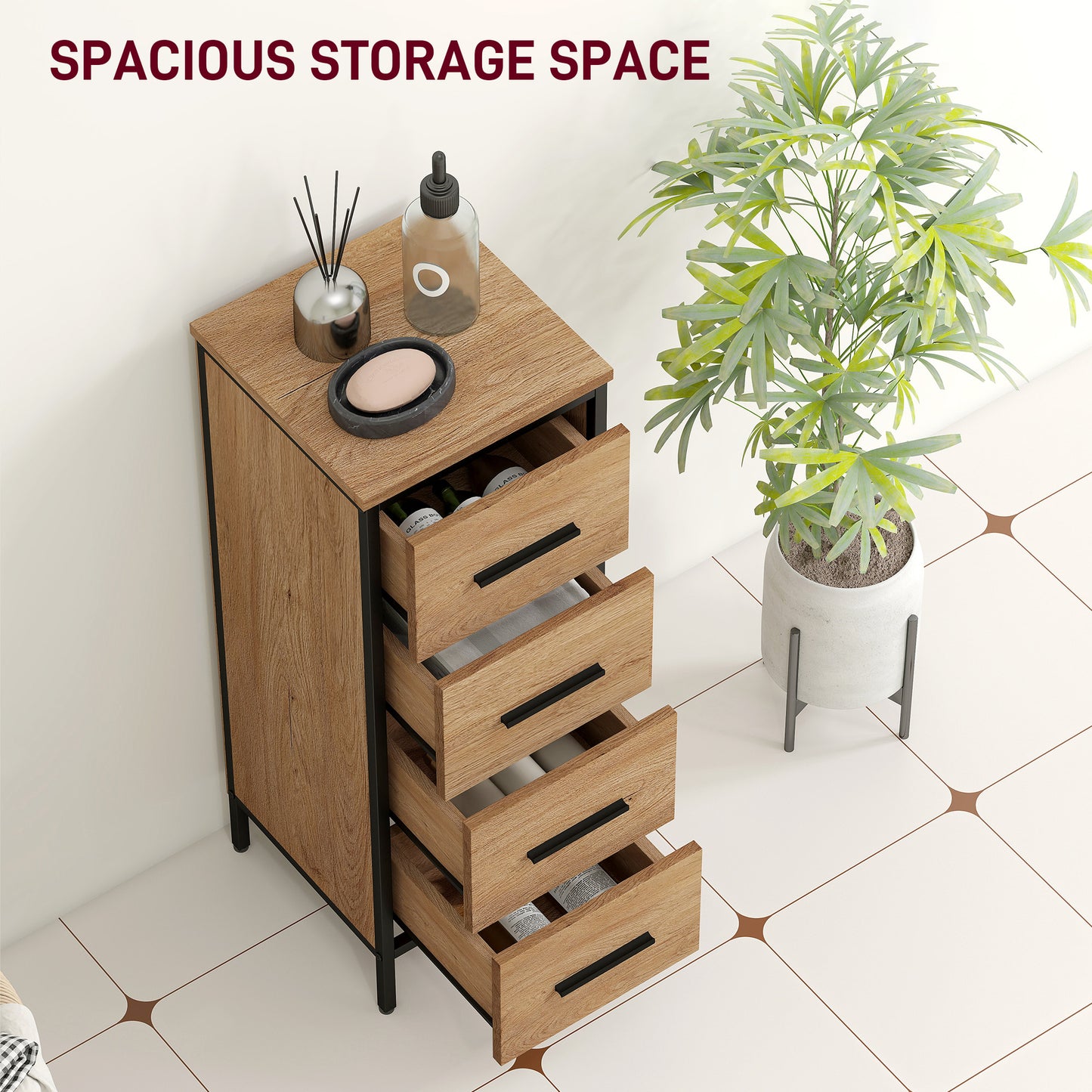 HOMCOM Narrow Bathroom Storage Cabinet With Four Drawers In Oak Finish For Small Bathrooms