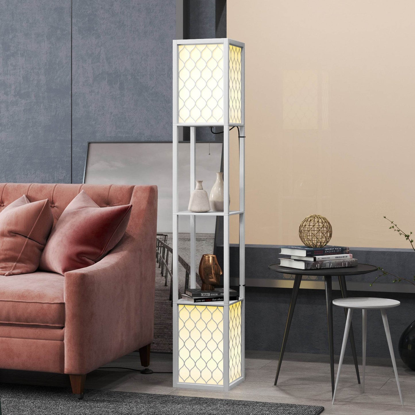 Modern White Tall Floor Lamp with Dual Light and Storage Shelves, Pull Chain Switch (Bulb Not Included) - ALL4U RETAILER LTD