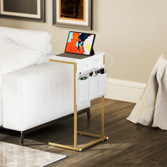HOMCOM C Shaped Bedside Table With Charging Station Marble Grain Finish Power Outlets USB Ports Storage Bags White