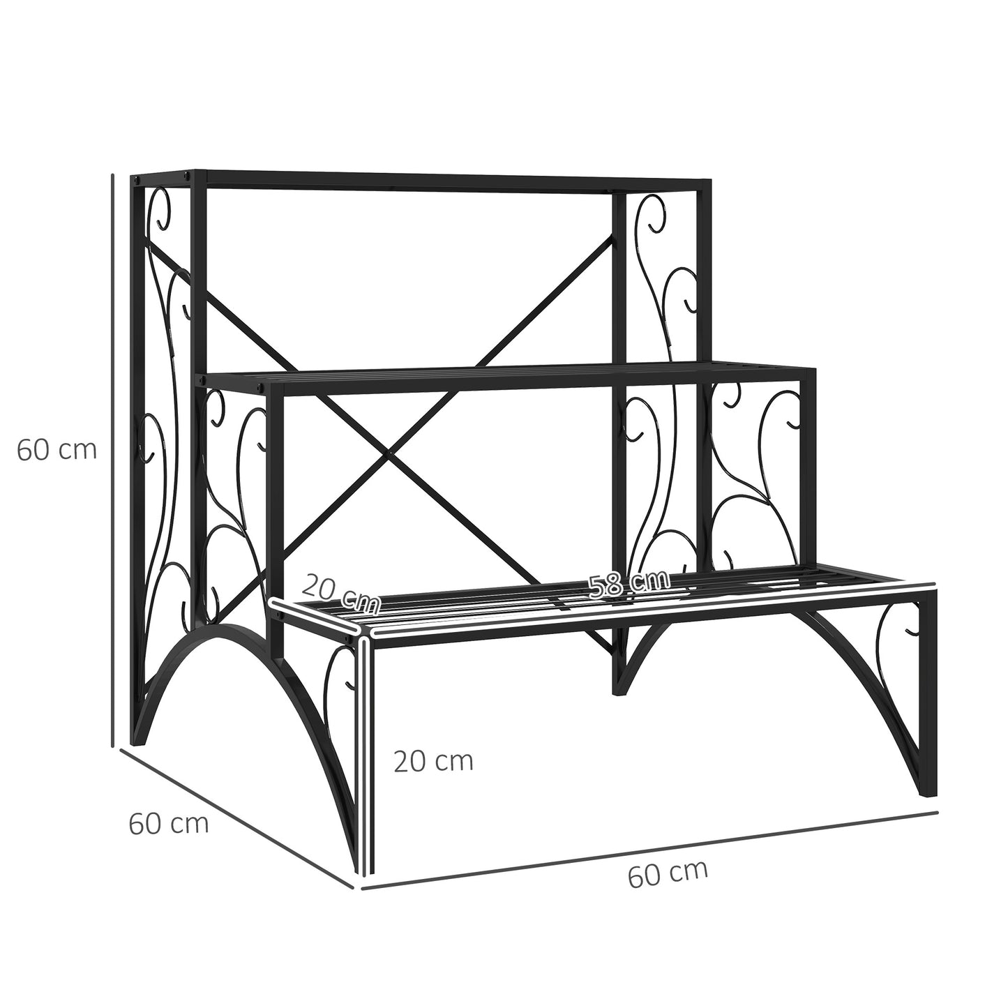 Outsunny Three Tier Decorative Metal Plant Stand Black Indoor Outdoor Garden Display