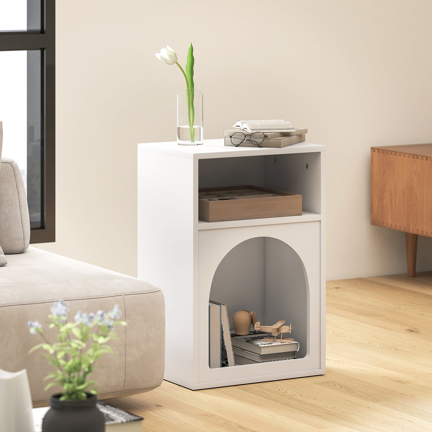 HOMCOM Bedside Table With Arch Design And Two Open Compartments In White For Cozy Storage And End Table Use