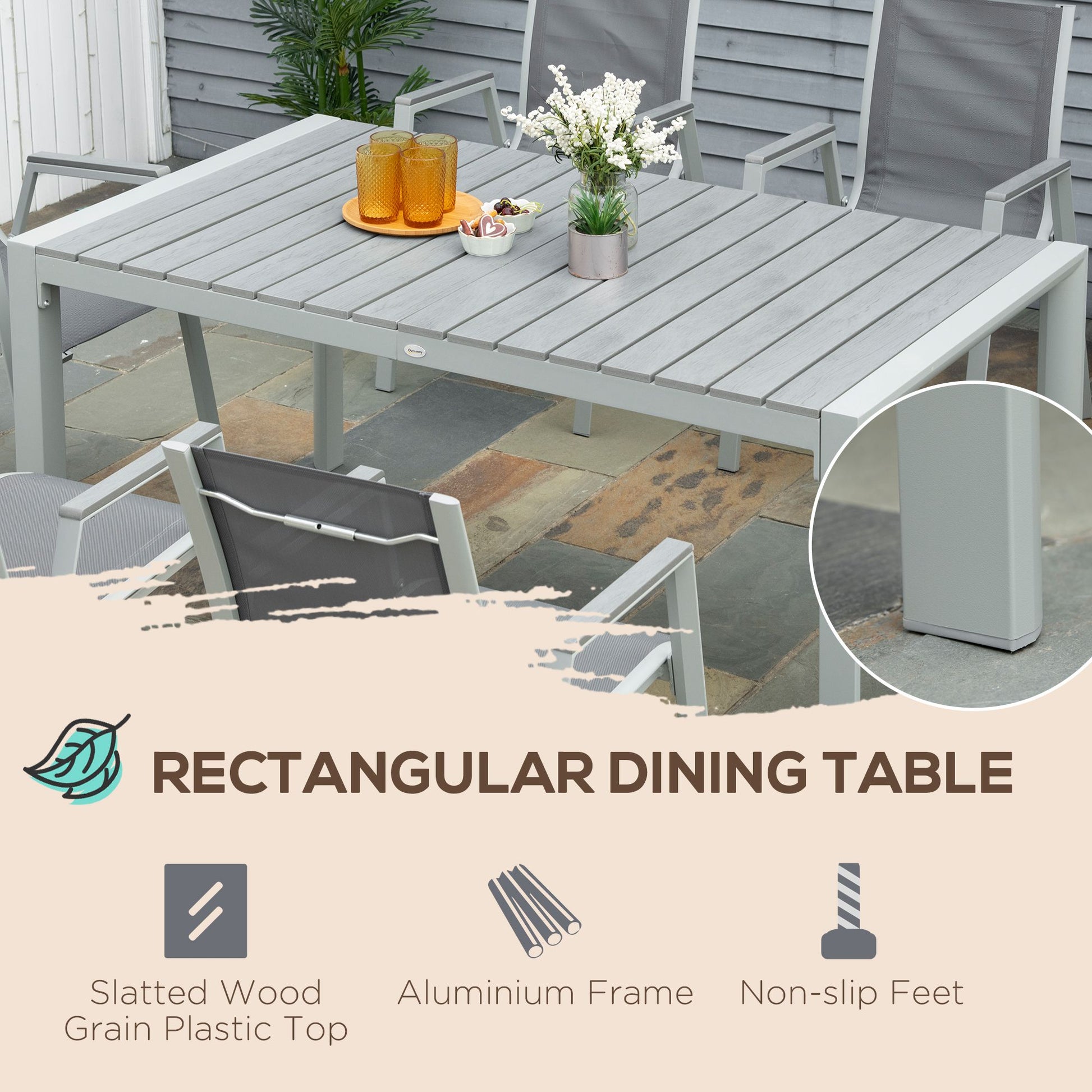 Outsunny Light Grey 7-Piece Outdoor Dining Set with Slatted Wood Grain Table and Mesh Fabric Chairs - ALL4U RETAILER LTD