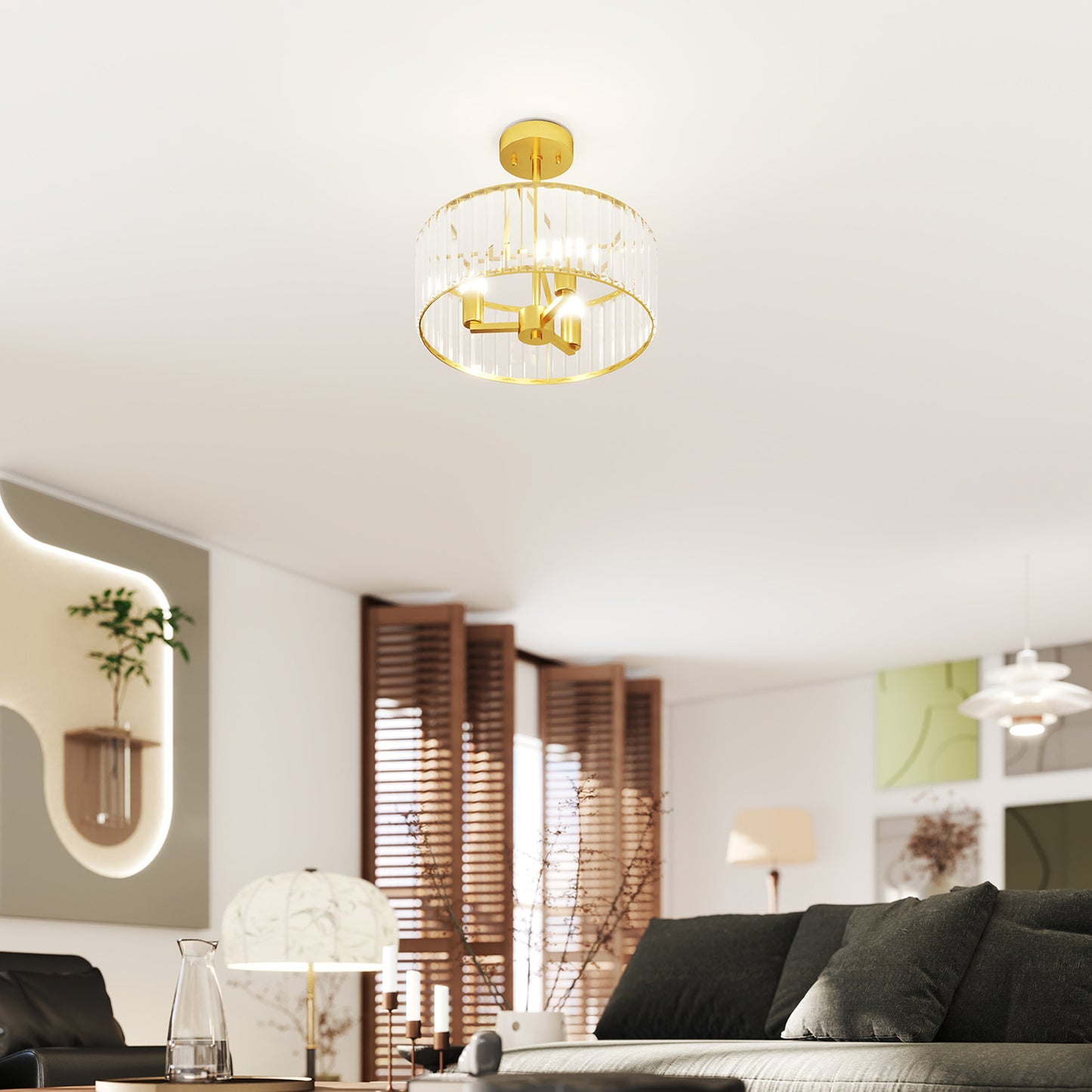 HOMCOM Crystal Ceiling Light Fixture Semi Flush Mount Modern Crystal Chandelier E14 Base 3 Lights Gold Tone