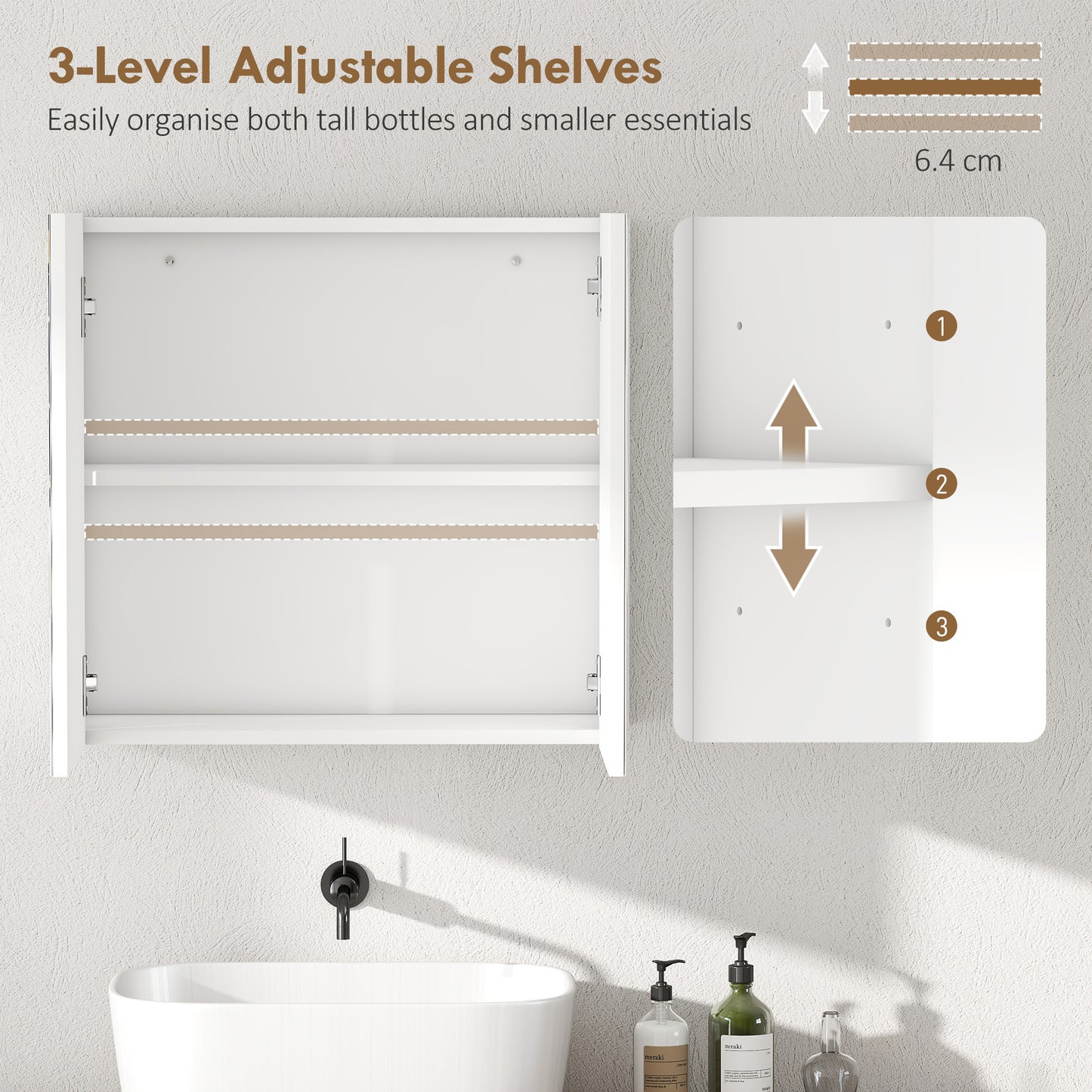 HOMCOM Double Door Bathroom Mirror Cabinet White With Adjustable Shelf For Extra Storage