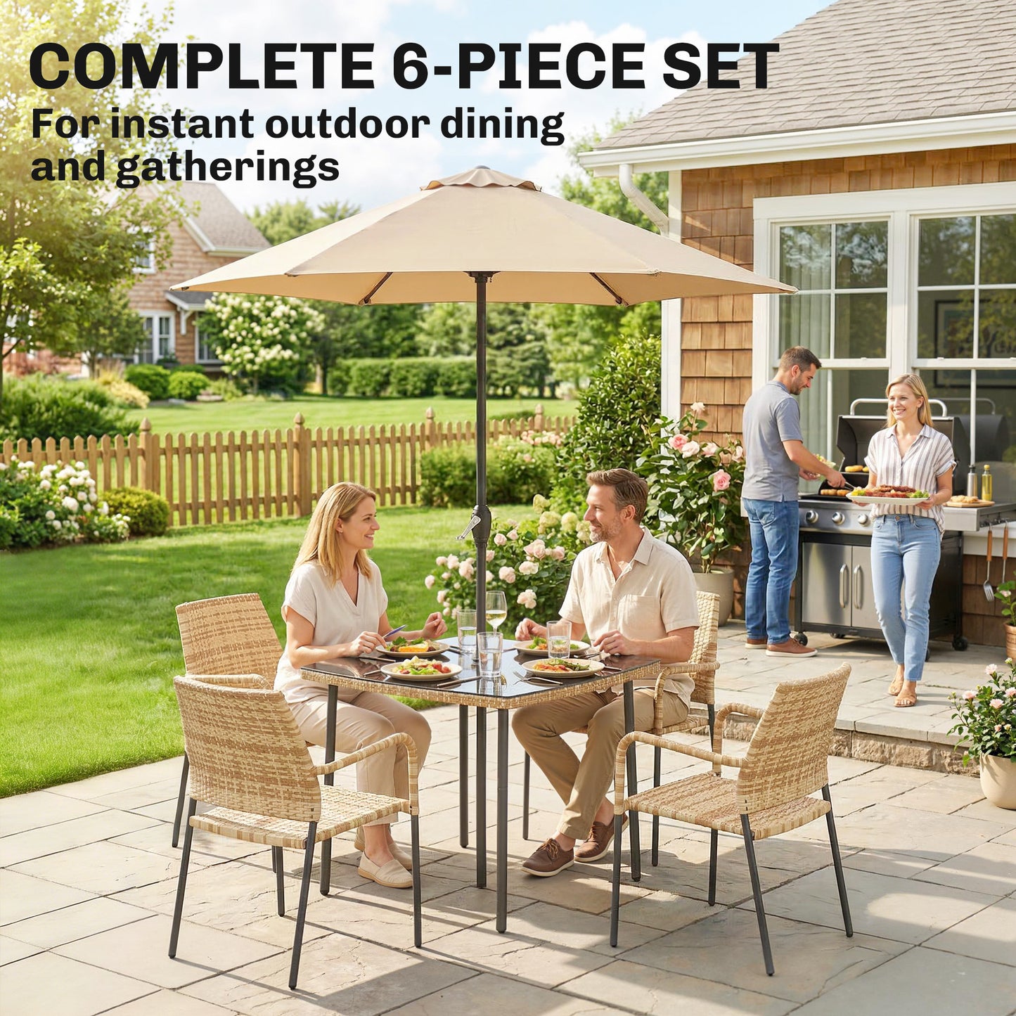 Outsunny 4 Seater Rattan Dining Set With Parasol 6 Piece Garden Table And Stackable Chairs With Tempered Glass Tabletop