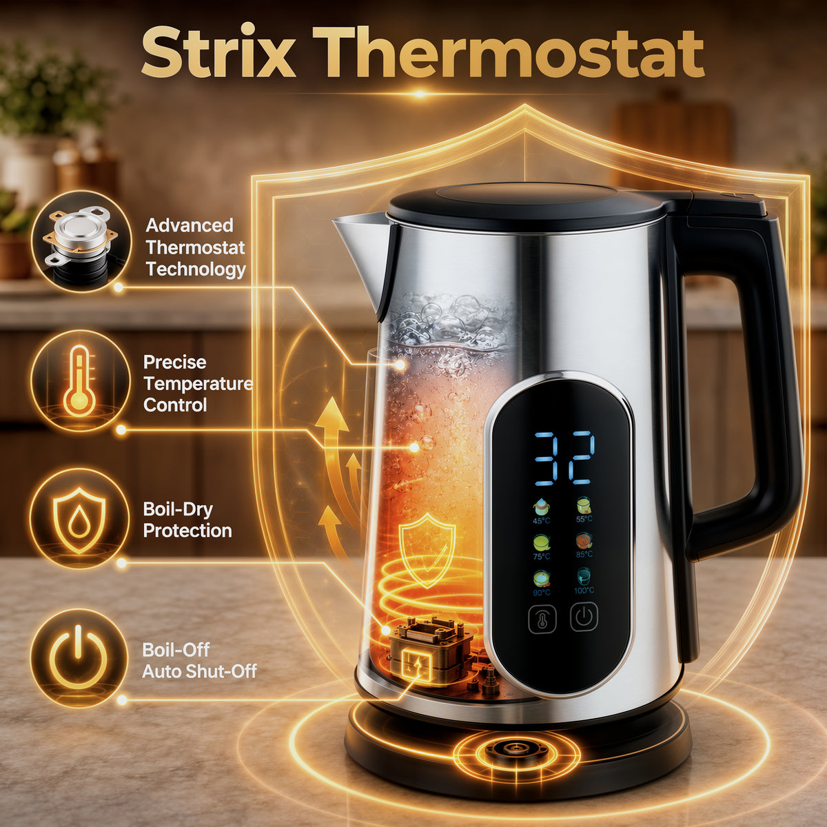 Electric kettle with stainless-steel body and LED touch display with temperature control icons