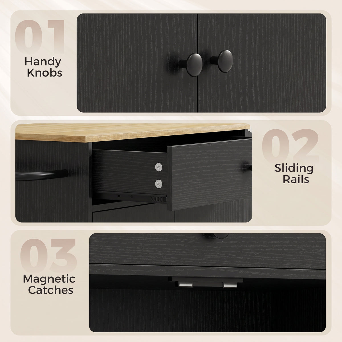 Dark kitchen island cabinet with round knobs and sliding drawer rails