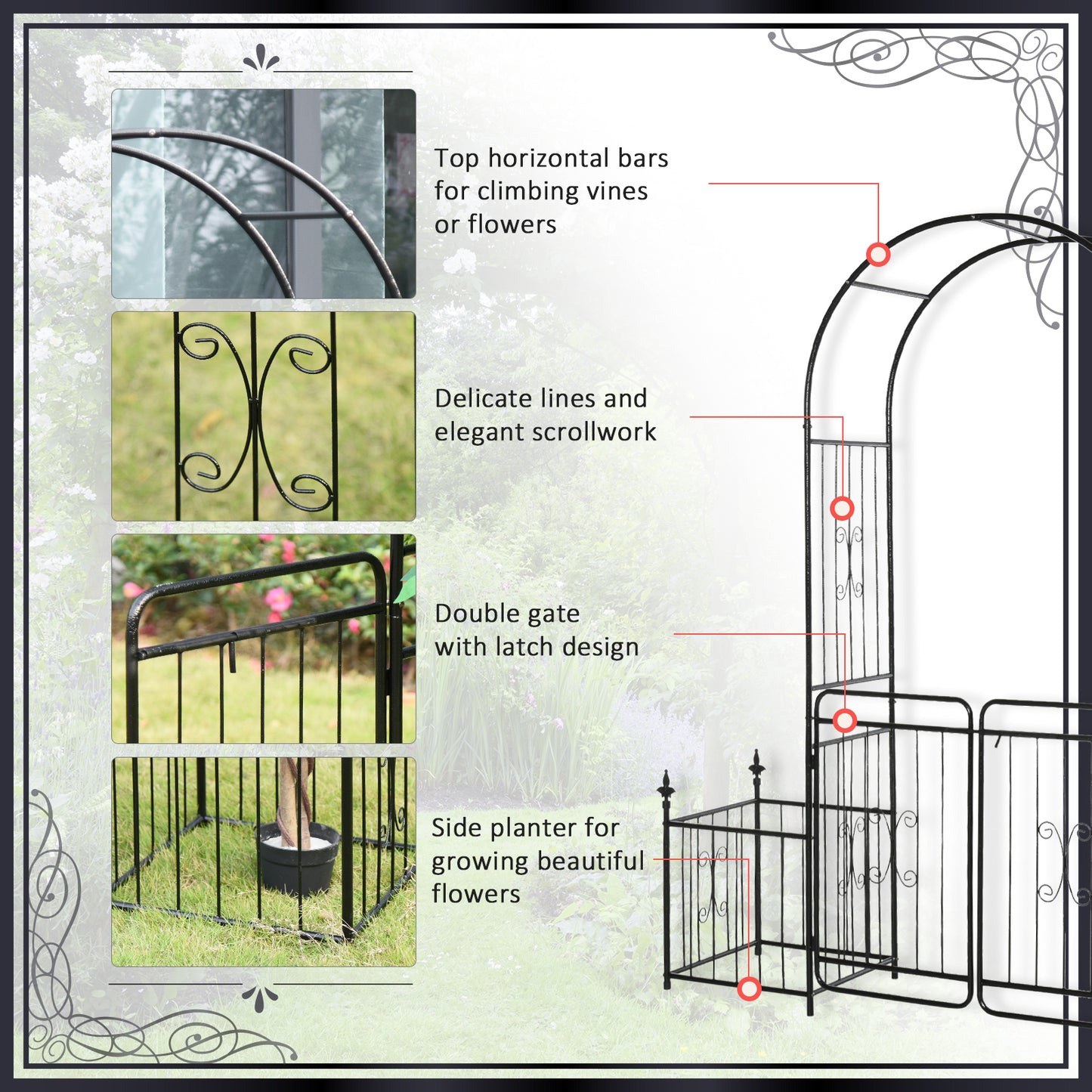 Outsunny Metal Garden Arbor Arch With Double Doors And Two Side Planter Baskets Climbing Vine Frame Black