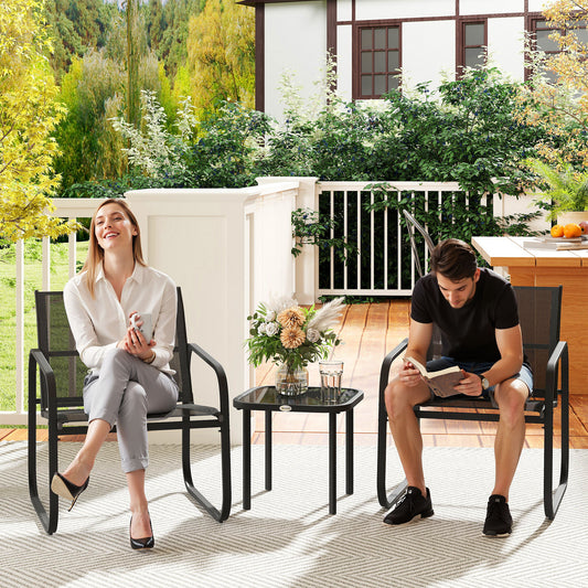 Outsunny Three Piece Garden Seating Set With Square Glass Top Table Two Armchairs Black Powder Coated Steel