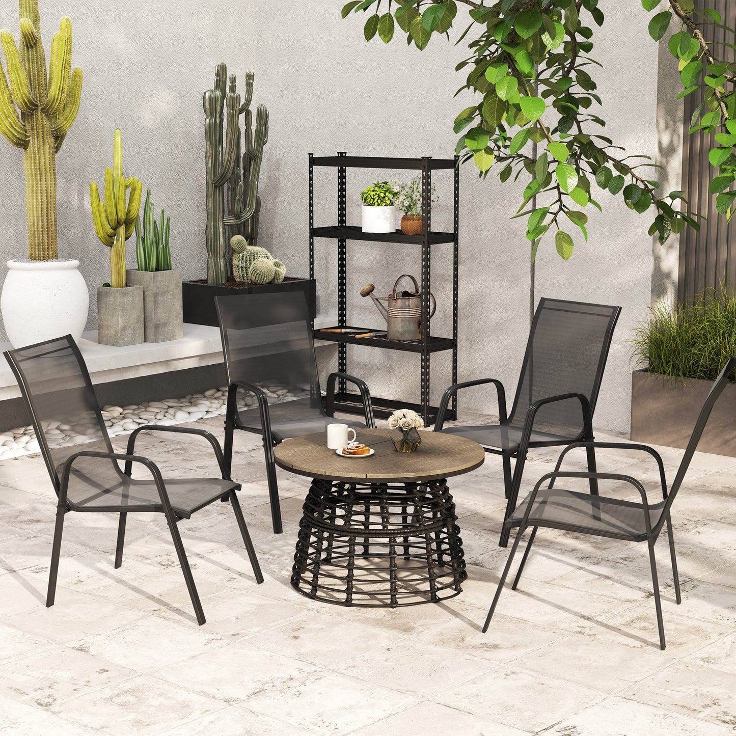 Outsunny Set Of Four Stackable Mesh Outdoor Chairs Black With High Back And Armrests