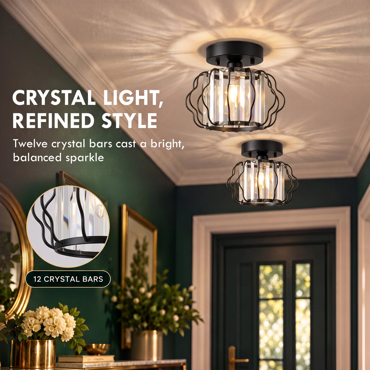 Black semi-flush mount ceiling light with clear crystal bars and glowing bulbs
