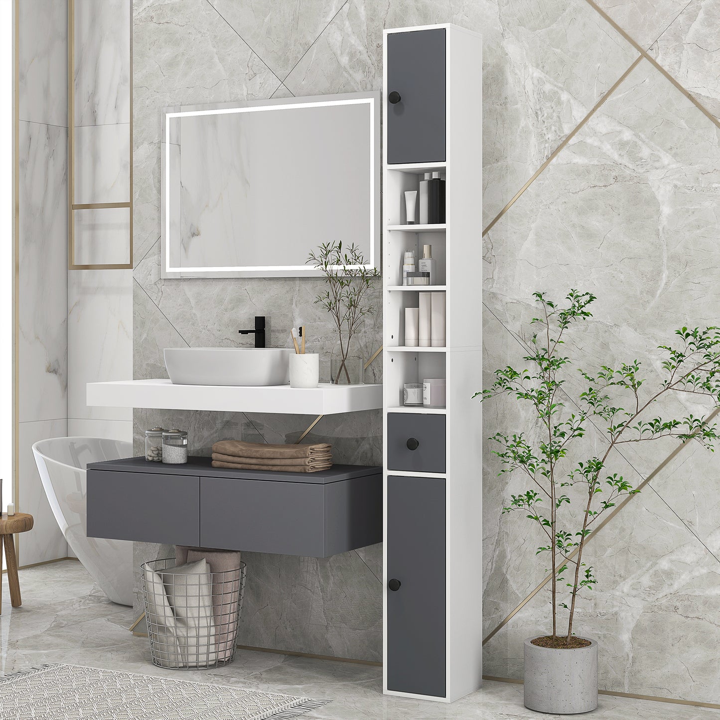 Kleankin Slim 180cm Tall Bathroom Storage Cabinet with Adjustable Shelves and Open Shelves - ALL4U RETAILER LTD