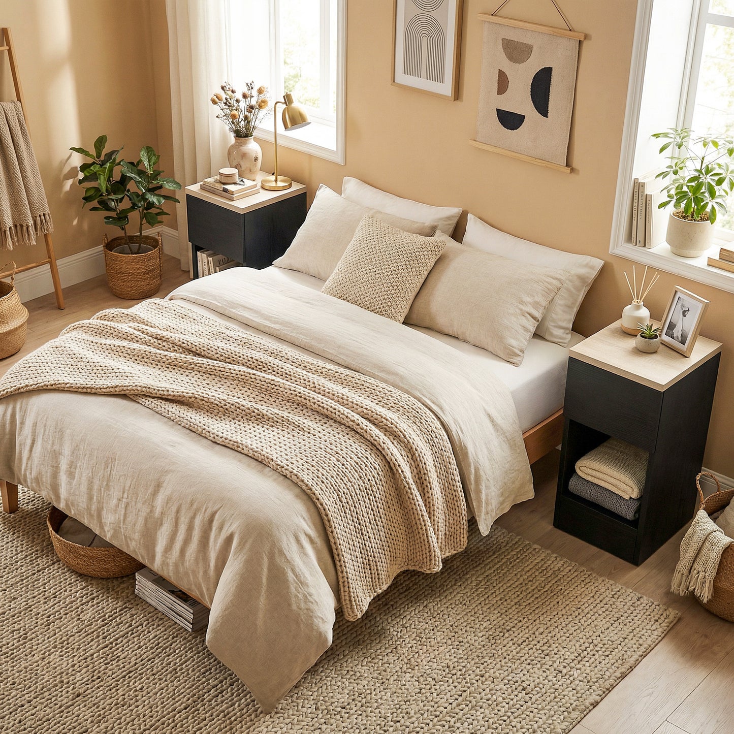HOMCOM Set Of Two Modern Black Storage Bedside Tables With Wood Effect Tops For Small Spaces