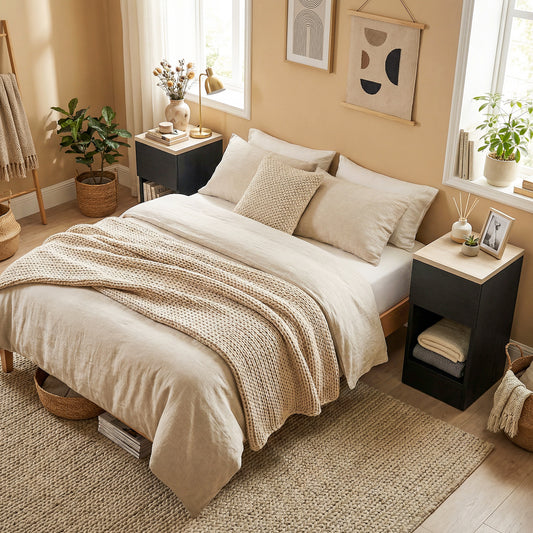 HOMCOM Set Of Two Modern Black Storage Bedside Tables With Wood Effect Tops For Small Spaces