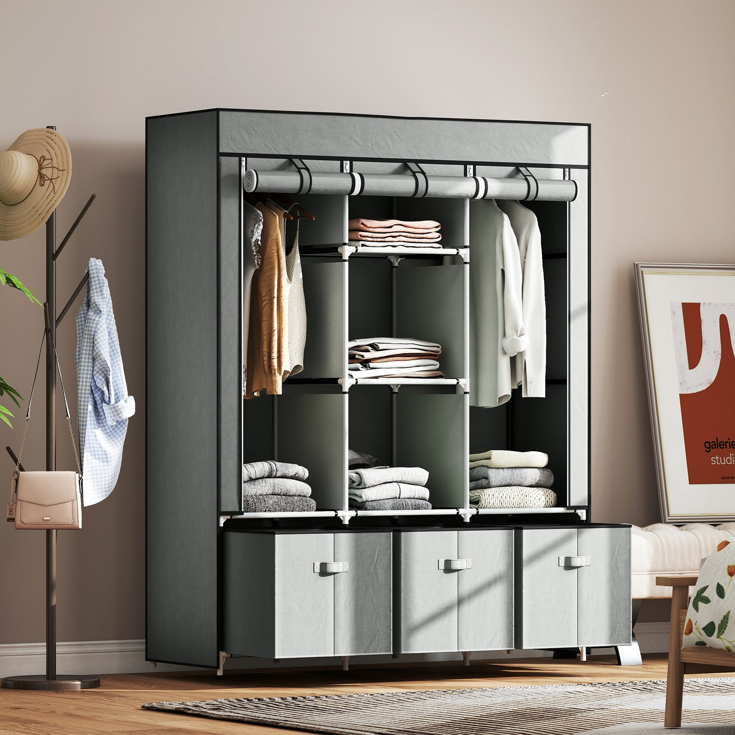 HOMCOM Foldable Fabric Wardrobe For Bedroom Portable Wardrobe 5 Shelves 2 Hanging Rails 3 Fabric Drawers Light Grey