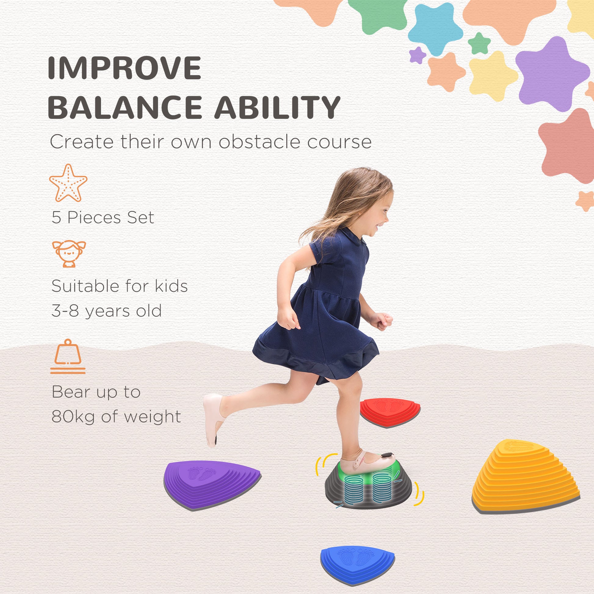 ZONEKIZ Kids Balance Stepping Stones - 5-Piece Set for Indoor/Outdoor Obstacle Courses, Sensory Play & Stacking Fun - ALL4U RETAILER LTD