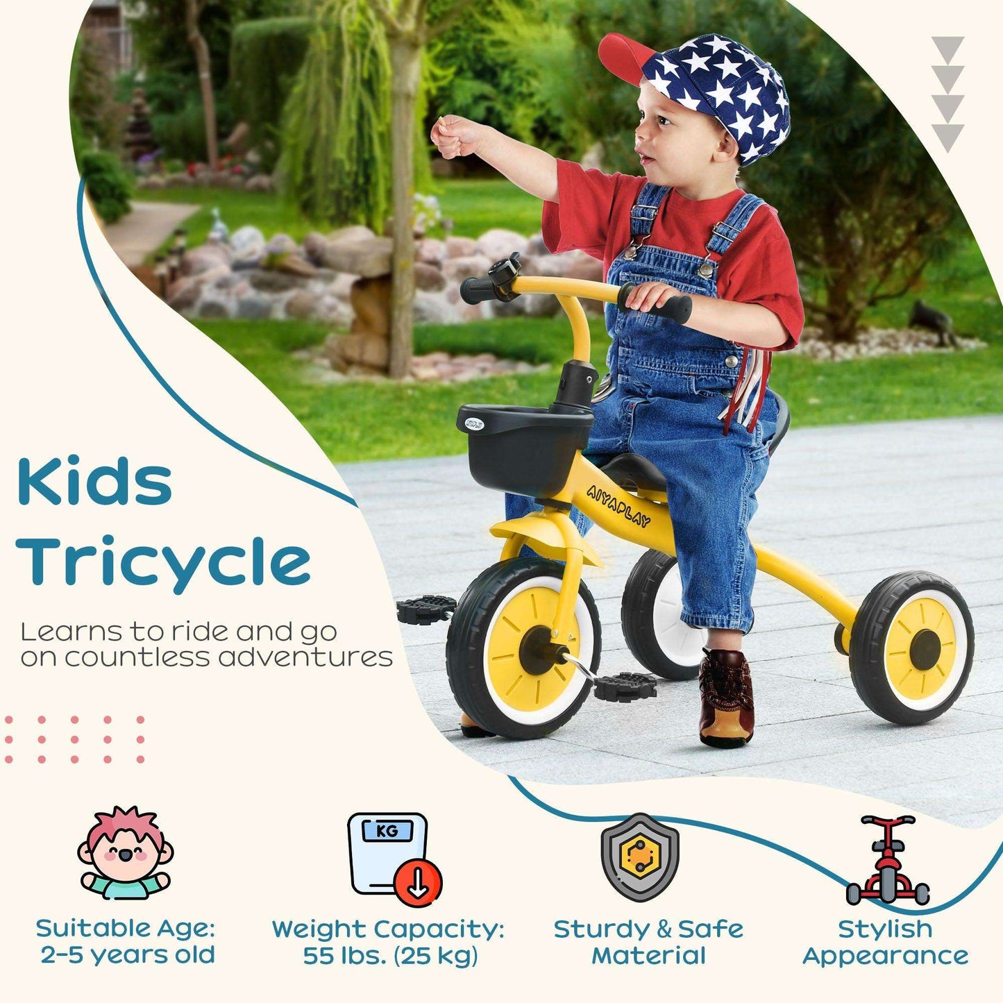 AIYAPLAY Yellow Kids Trike Tricycle, Adjustable Seat, Basket, Bell - Ages 2-5 - ALL4U RETAILER LTD