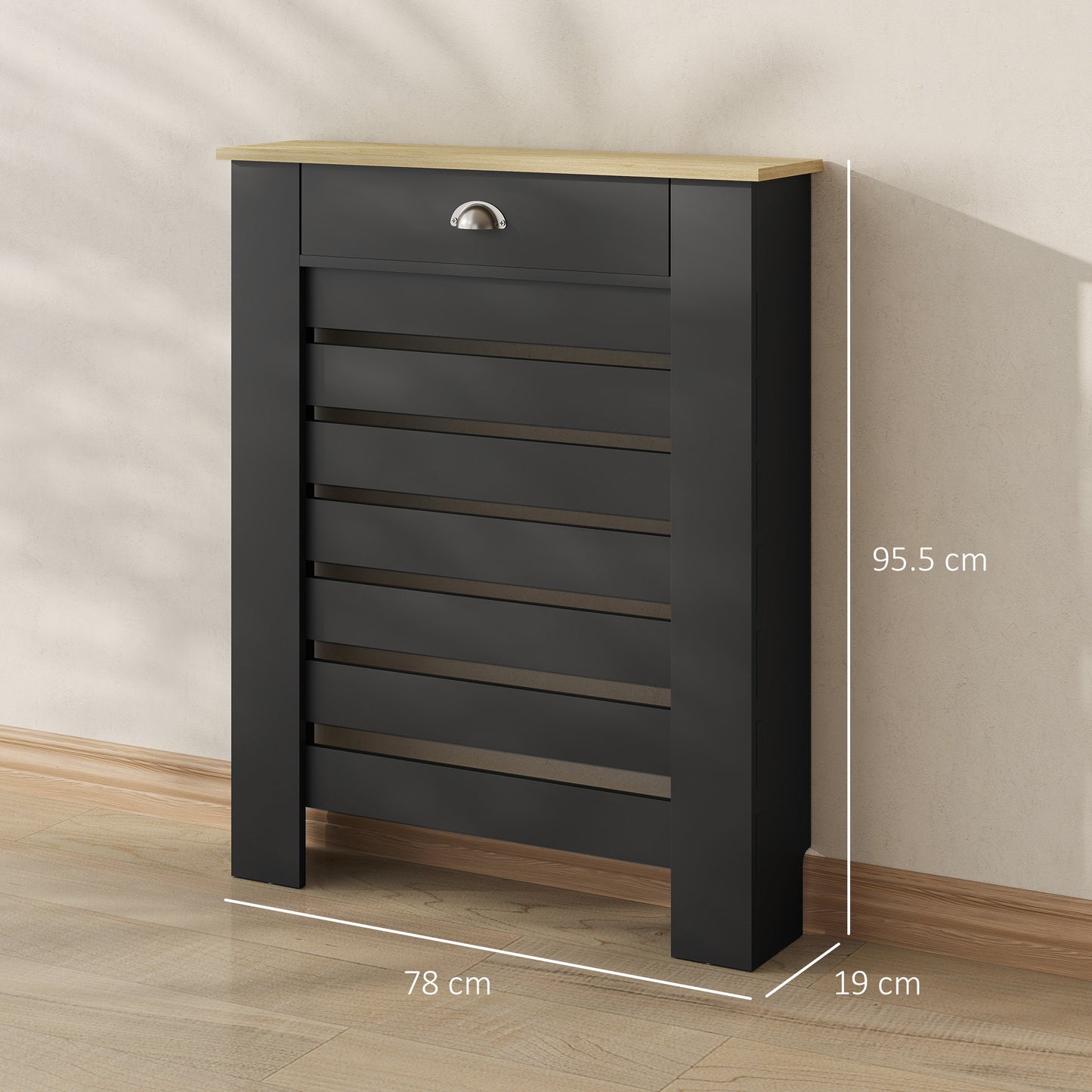 HOMCOM Black Radiator Cover With Drawer 95.5H x 78W cm Slim Slatted Cabinet Heat Shield