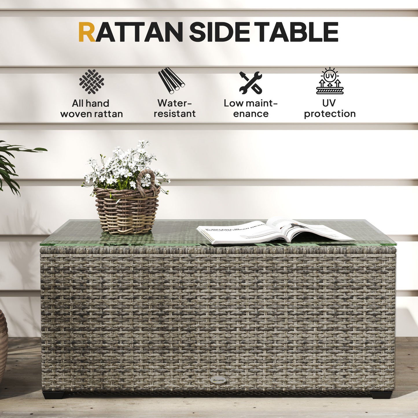 Outsunny 90 x 50cm Glass Top Rattan Side Table Dark Grey Outdoor Garden Furniture With 5mm Tempered Glass