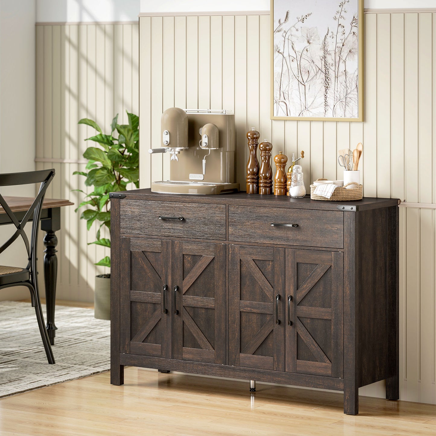 HOMCOM Kitchen Cupboard Sideboard With 4 Doors And 2 Drawers, 2 Adjustable Shelves, Dark Brown Farmhouse Cabinet