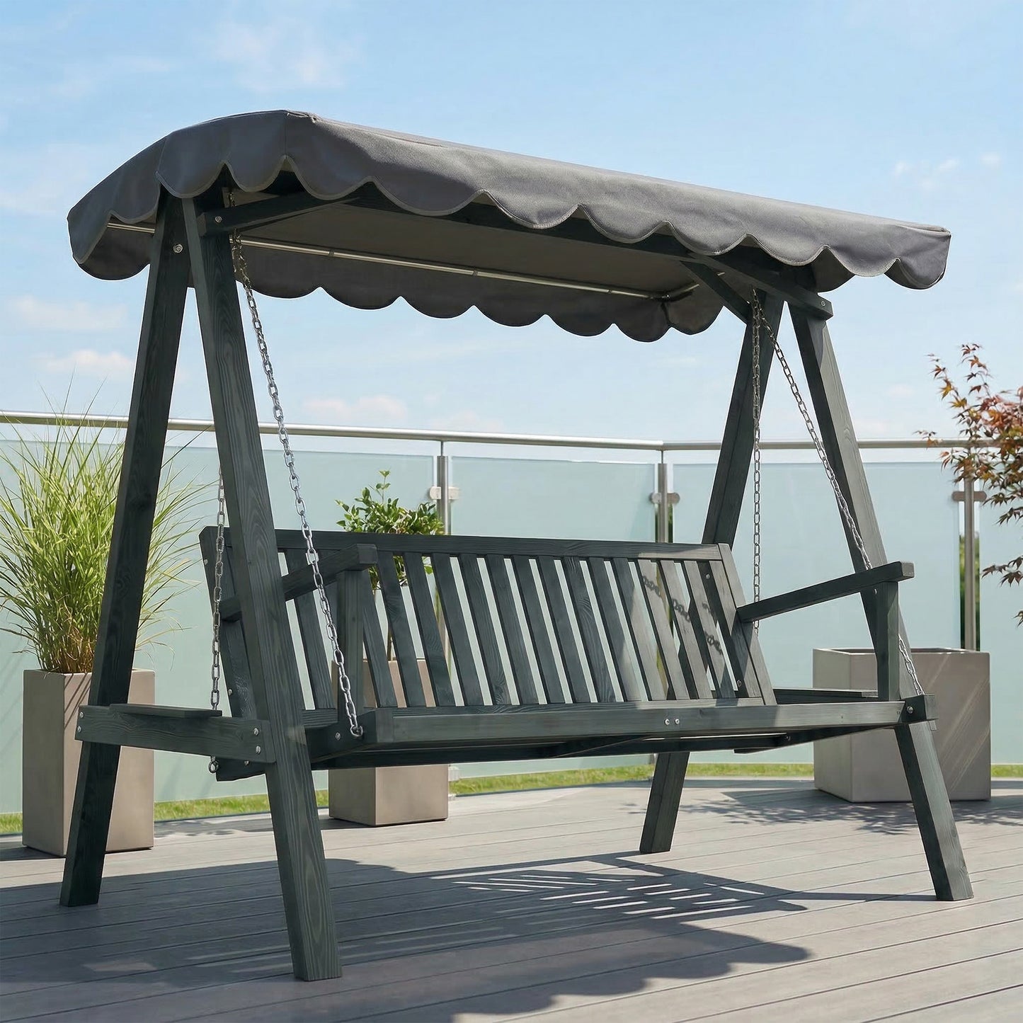 Outsunny 3 Seater Garden Swing Chair with Canopy Outdoor Wooden Swing Seat for Balcony Patio Porch Grey