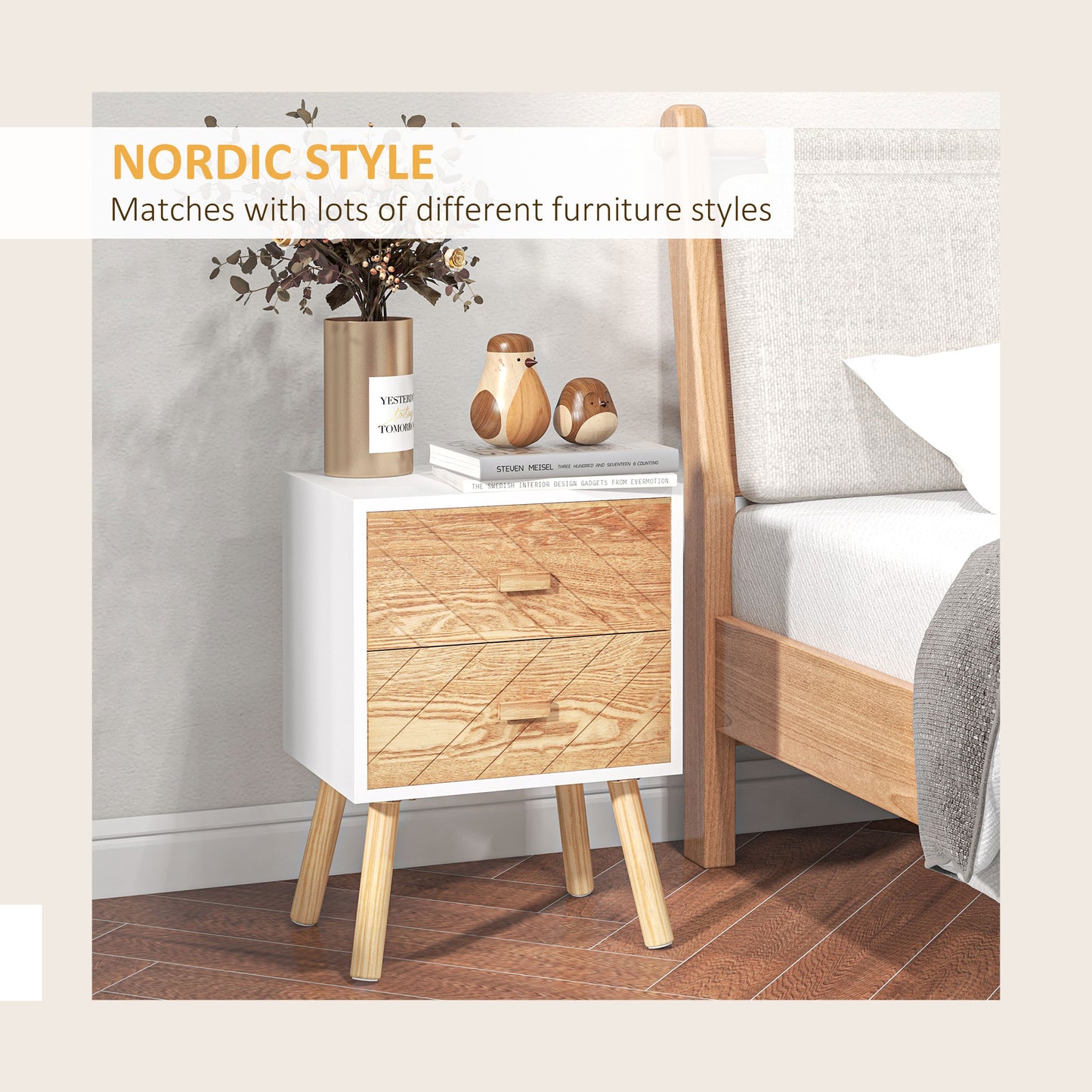 HOMCOM Bedside Table Set of 2 Modern Nightstands with Drawers and Pine Wood Legs White and Natural