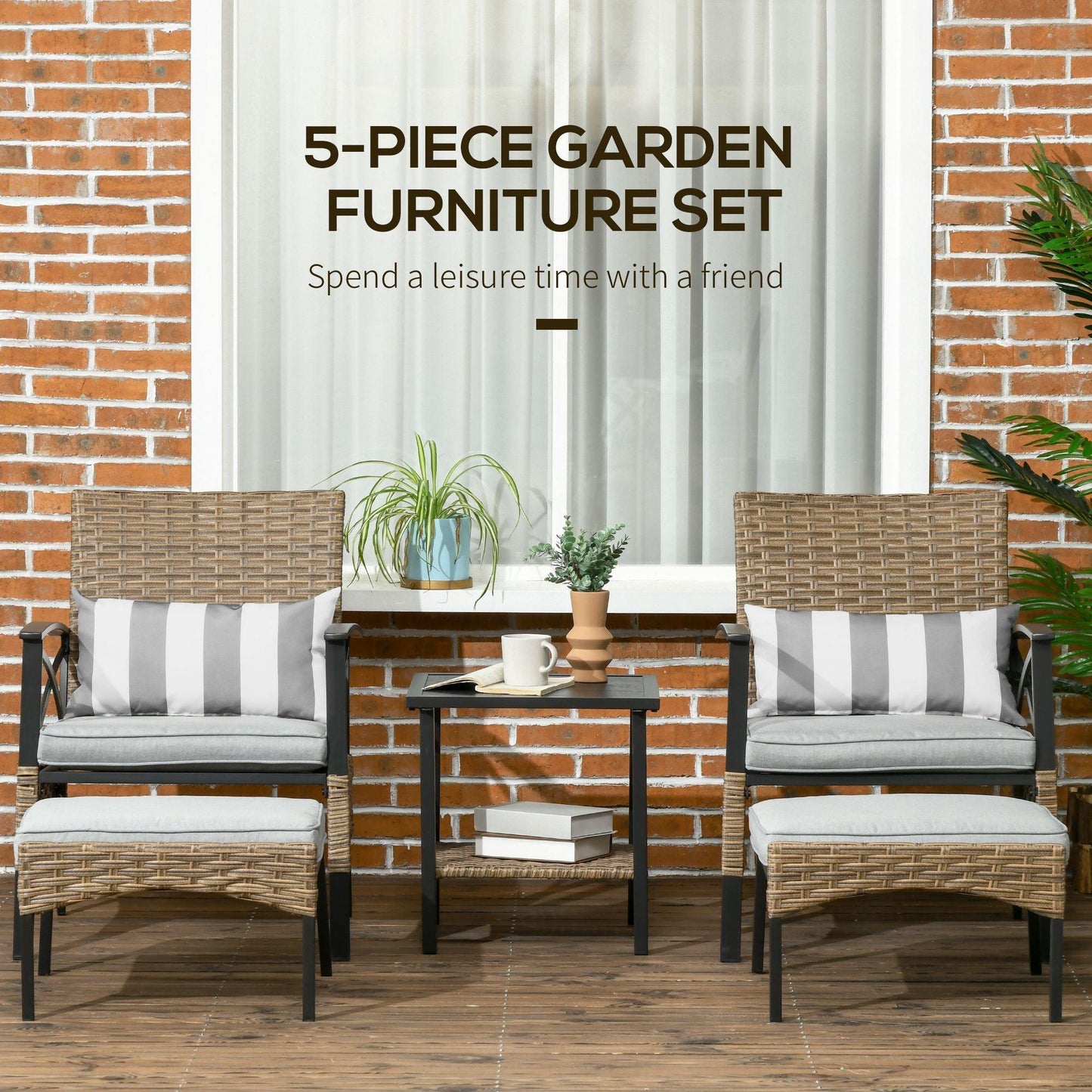 Outsunny 5pc Rattan Garden Furniture Set w/Chair, Footstool and Table, Grey - ALL4U RETAILER LTD