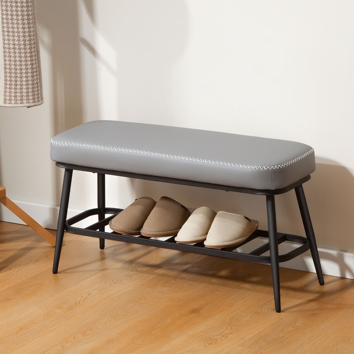 HOMCOM PU Leather Shoe Storage Bench With 7cm Cushioned Seat In Grey Holds Up To 120 Kg