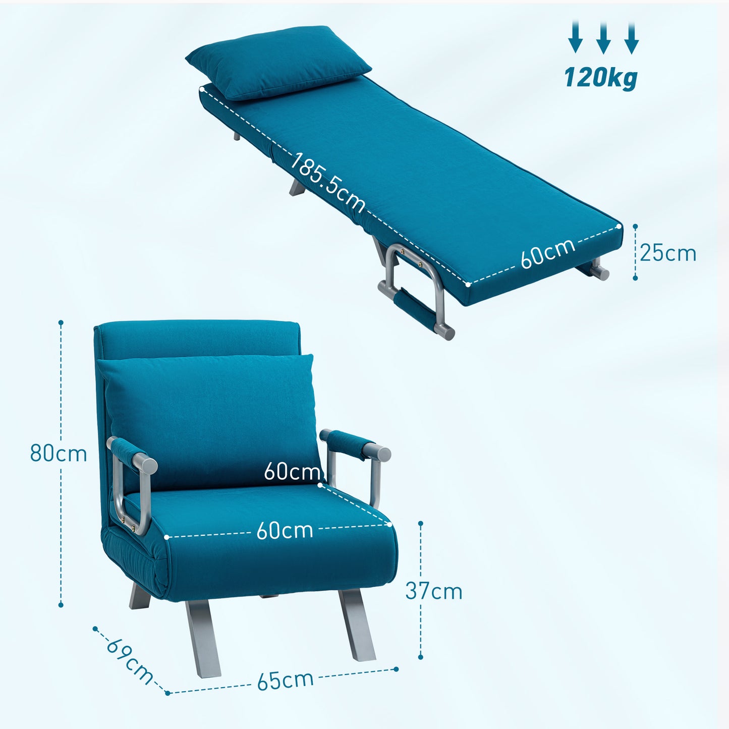 HOMCOM 4 In 1 Faux Suede Chair Bed Blue With Click Clack Design And Five Position Adjustable Back