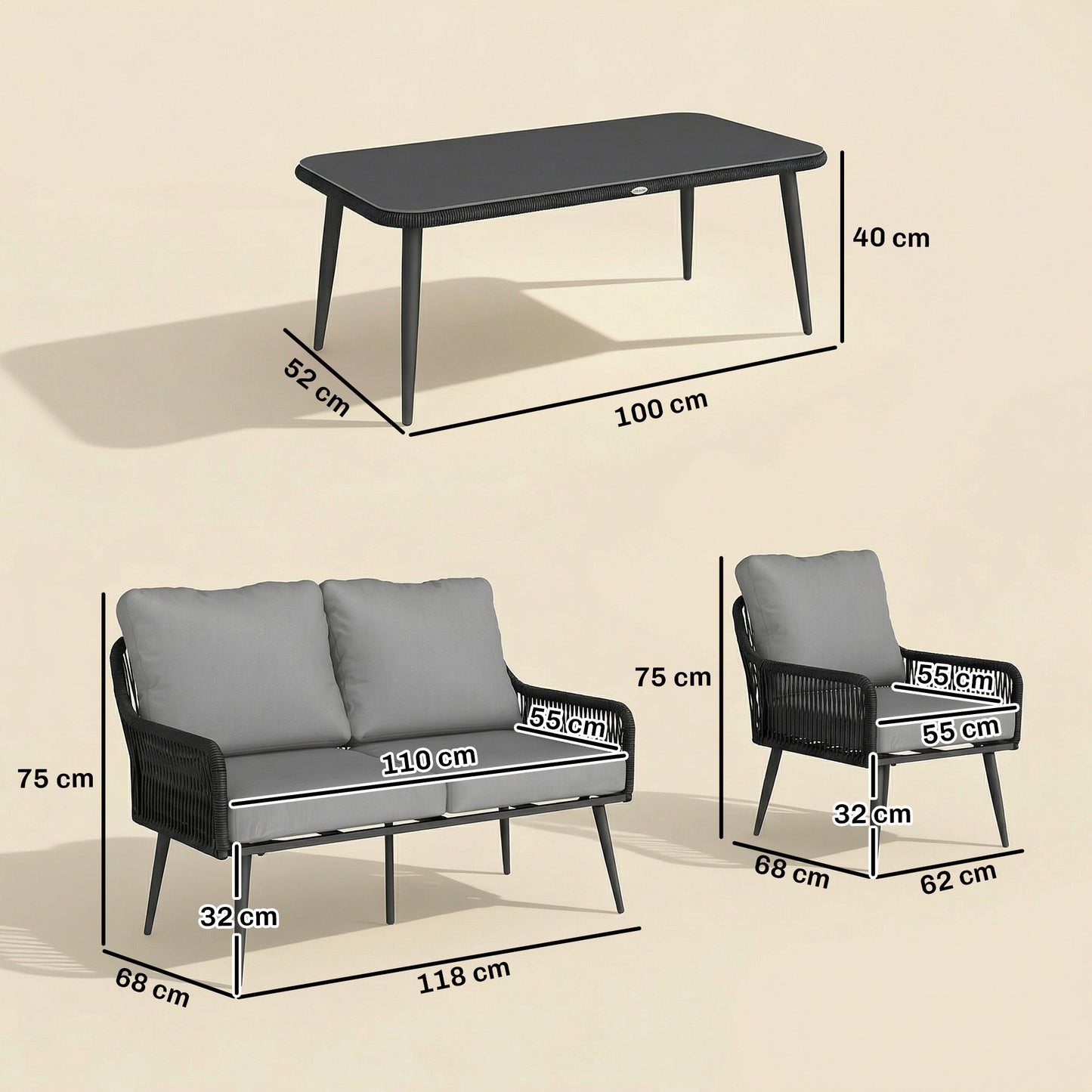 Outsunny Rattan Garden Furniture Set 4 Piece Outdoor Patio Set With Tempered Glass Table And Cushioned Chairs
