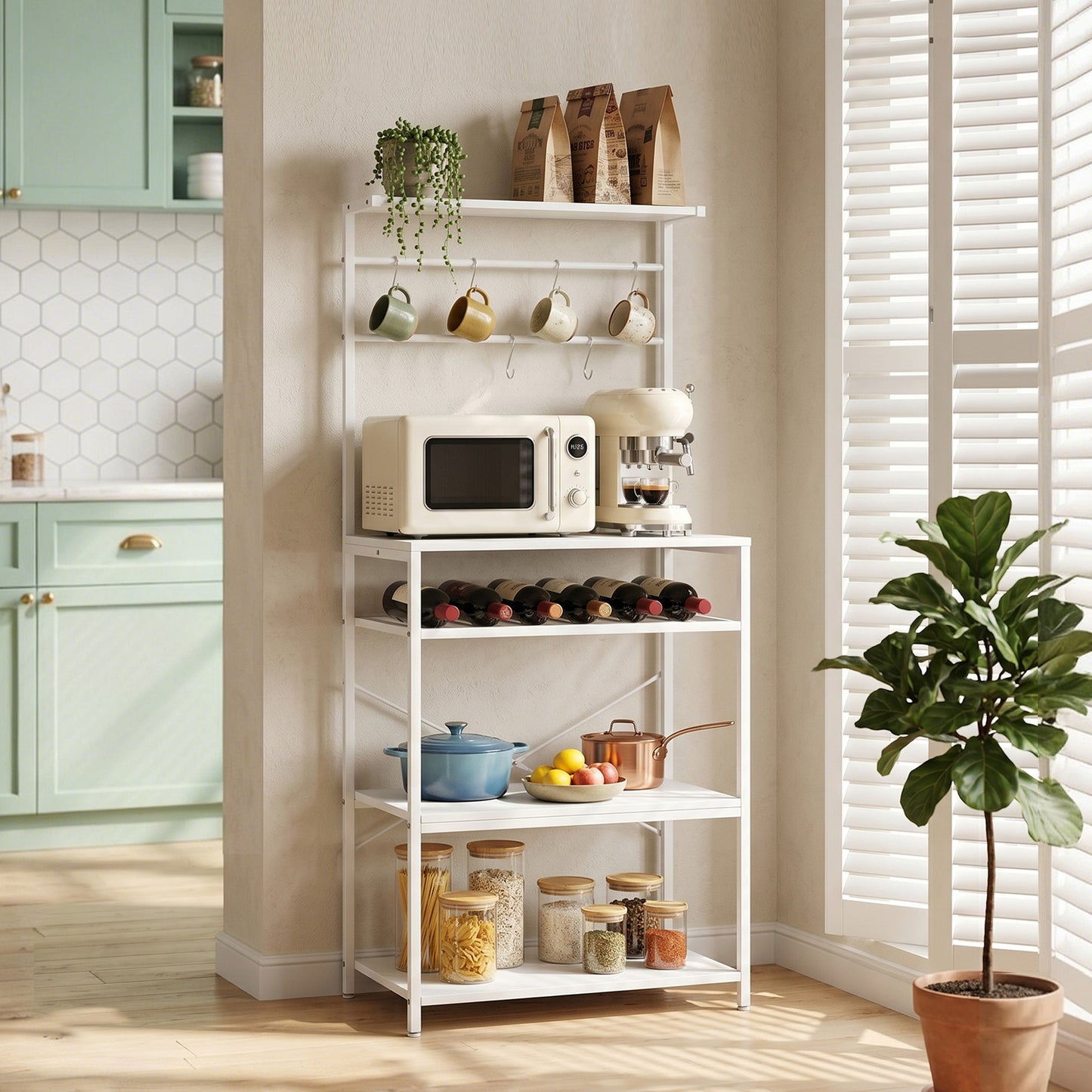 HOMCOM Freestanding Shelving Unit With Six Hooks And Wine Rack For Living Room And Home Office White