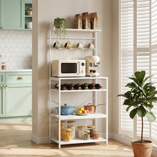 HOMCOM Freestanding Shelving Unit With Six Hooks And Wine Rack For Living Room And Home Office White
