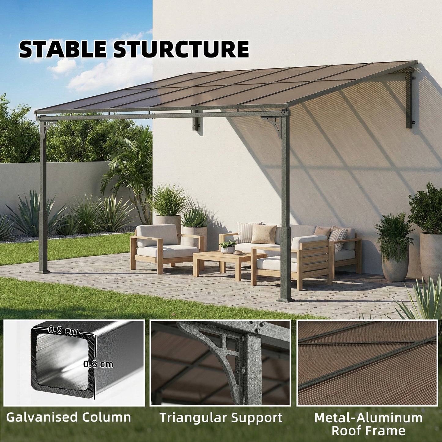 Outsunny 3.4 x 3 m Wall Mounted Metal Lean To Pergola With Polycarbonate Roof Aluminium Frame Brown Garden Patio