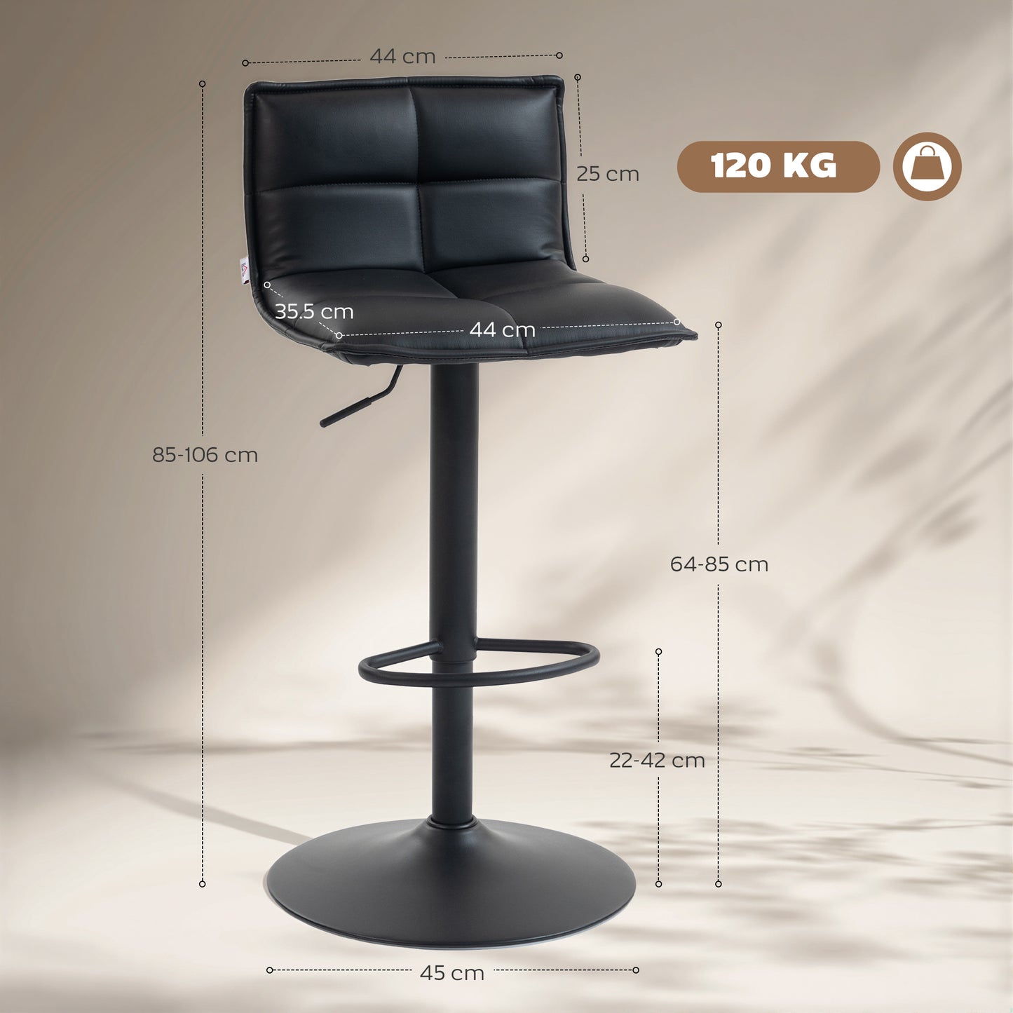 HOMCOM Set Of Two Modern Faux Leather Bar Stools With Gas Lift And 360 Degree Swivel, Adjustable Height 64-85 Cm, Black