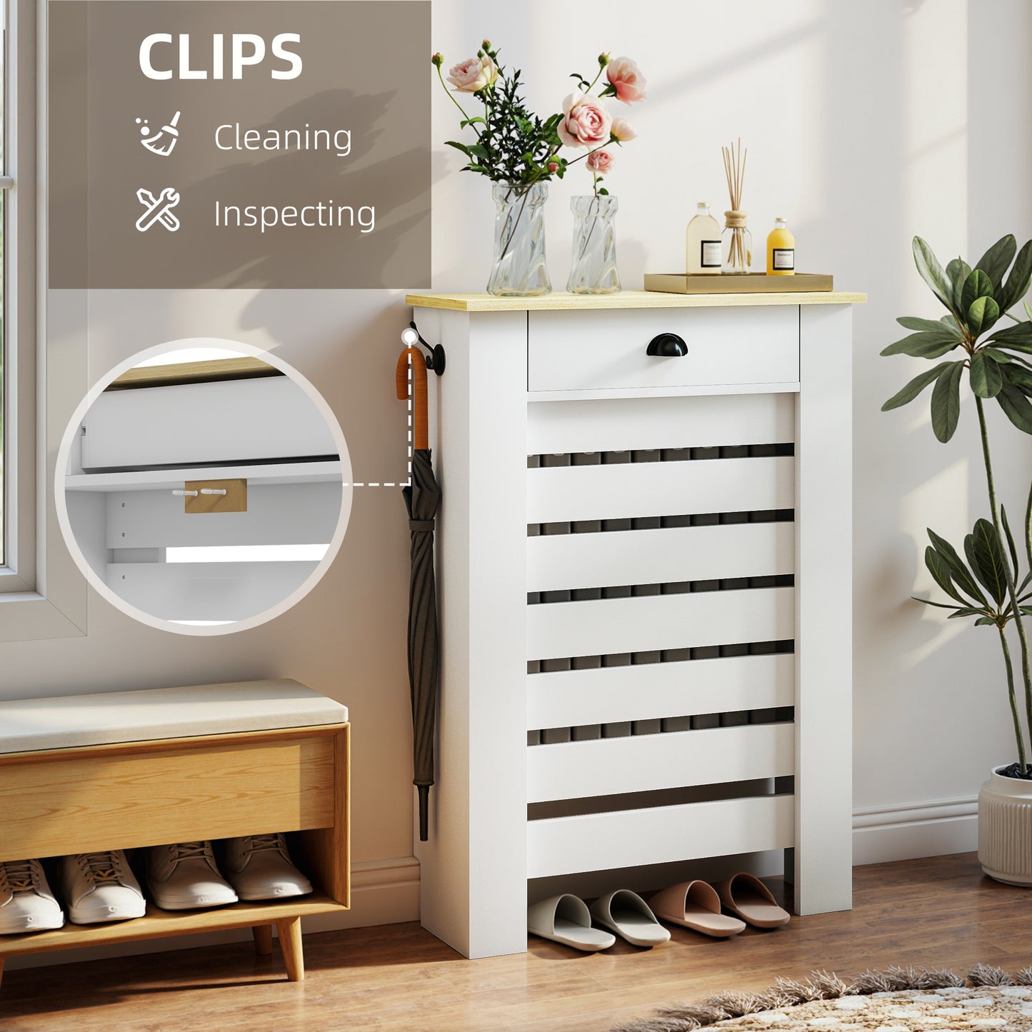 HOMCOM Radiator Cover With Drawer 95.5H x 78W cm White Slatted MDF and Particle Board